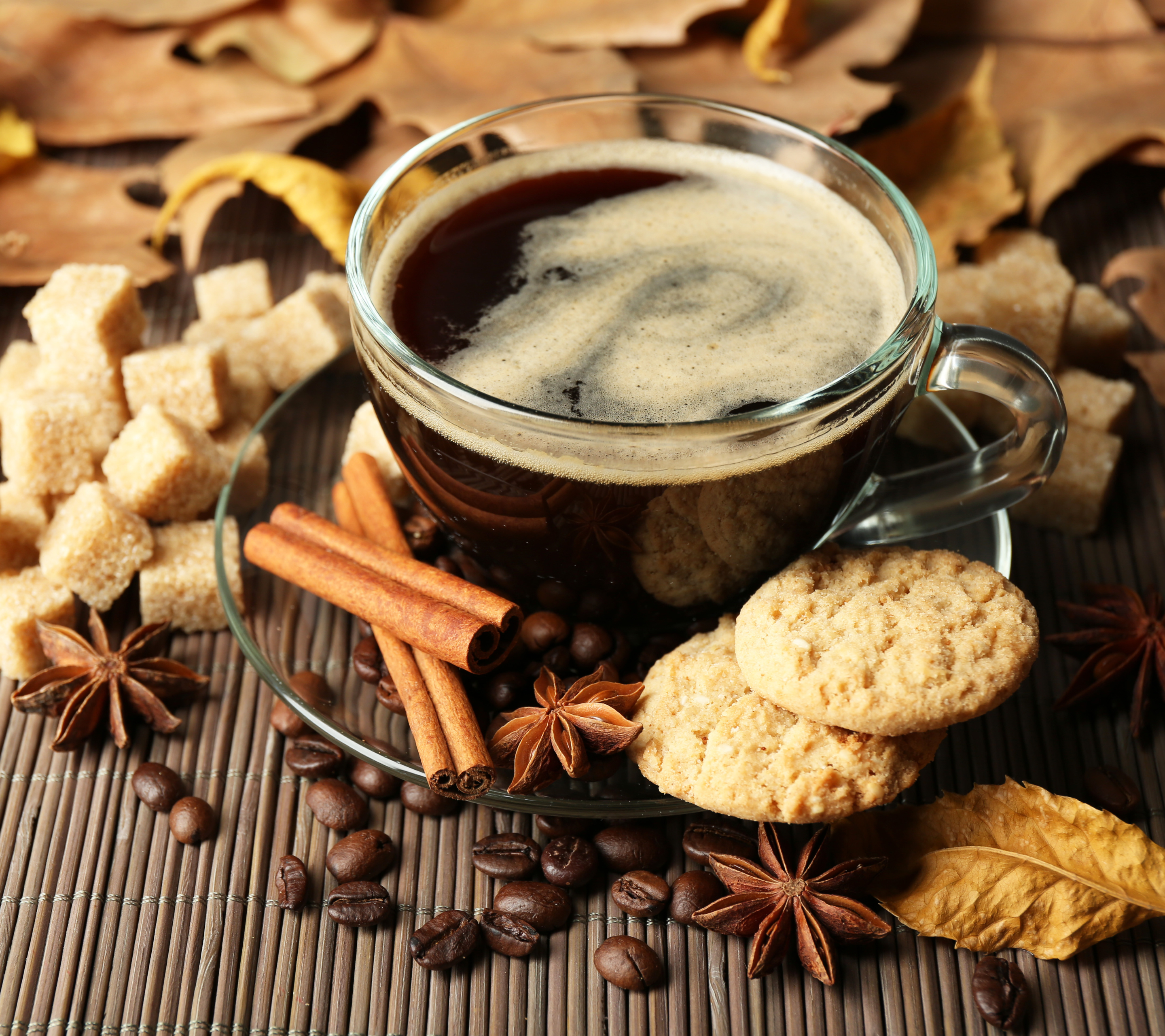 PCデスクトップに秋, 葉, クッキー, シナモン, コーヒー豆, 砂糖, 食べ物, コーヒー画像を無料でダウンロード