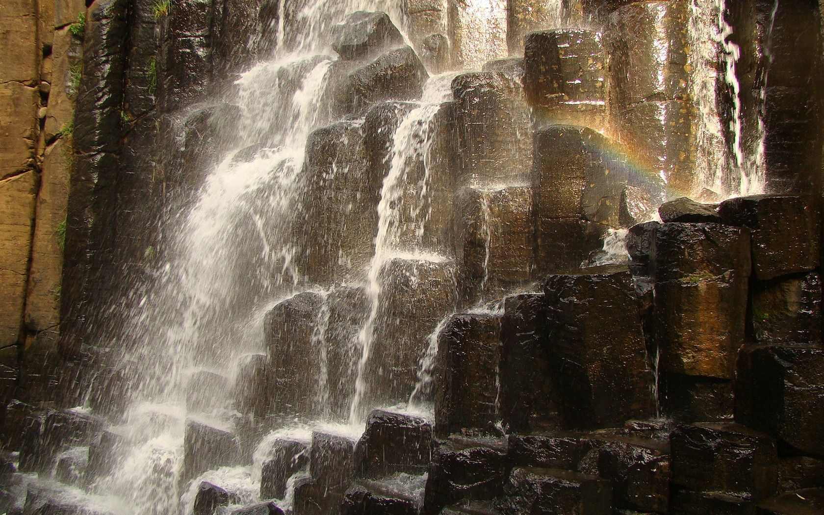 nature, stones, rainbow, rocks, waterfall, spray, gurgling, murmur, noise