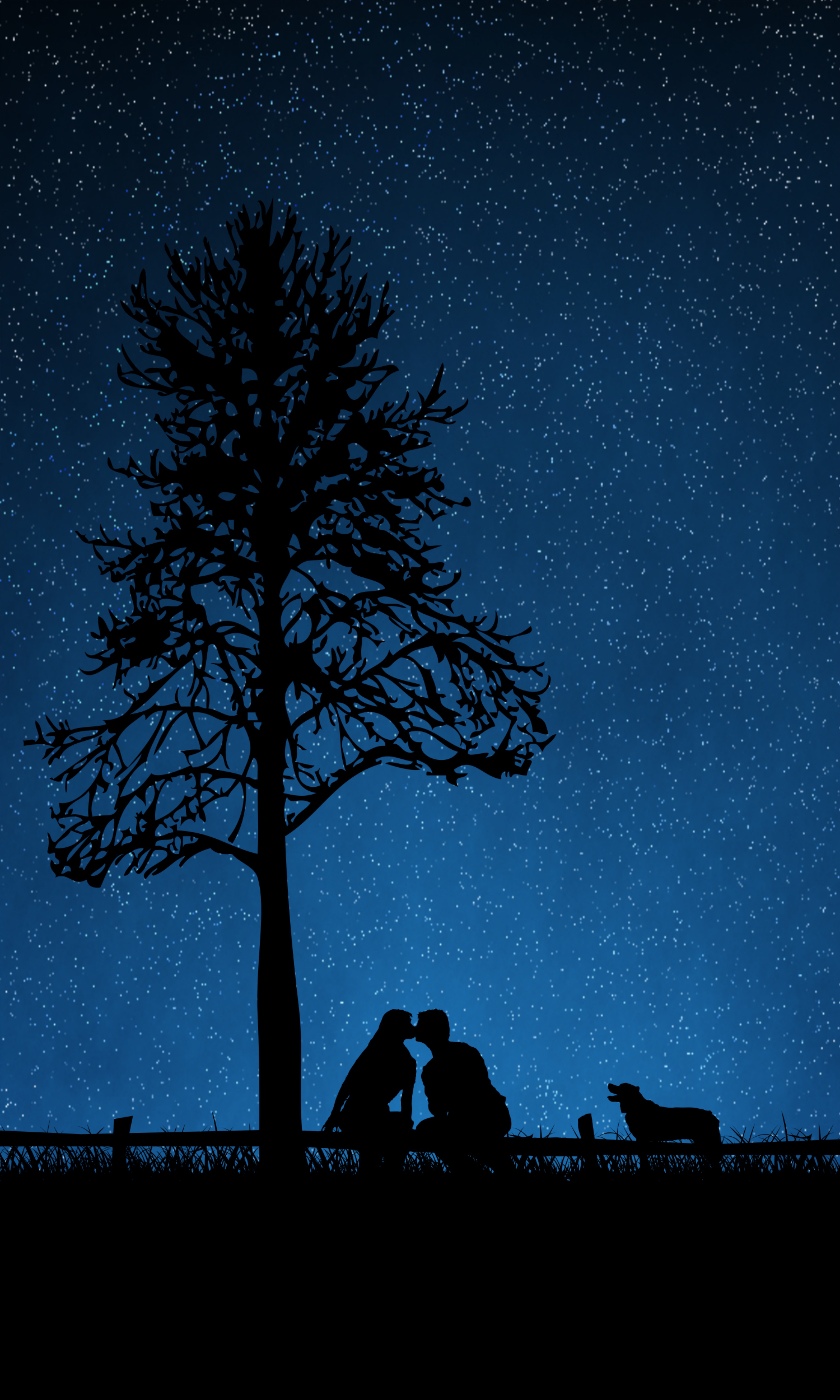 kiss, couple, pair, love, wood, tree, dog, silhouettes, starry sky 32K