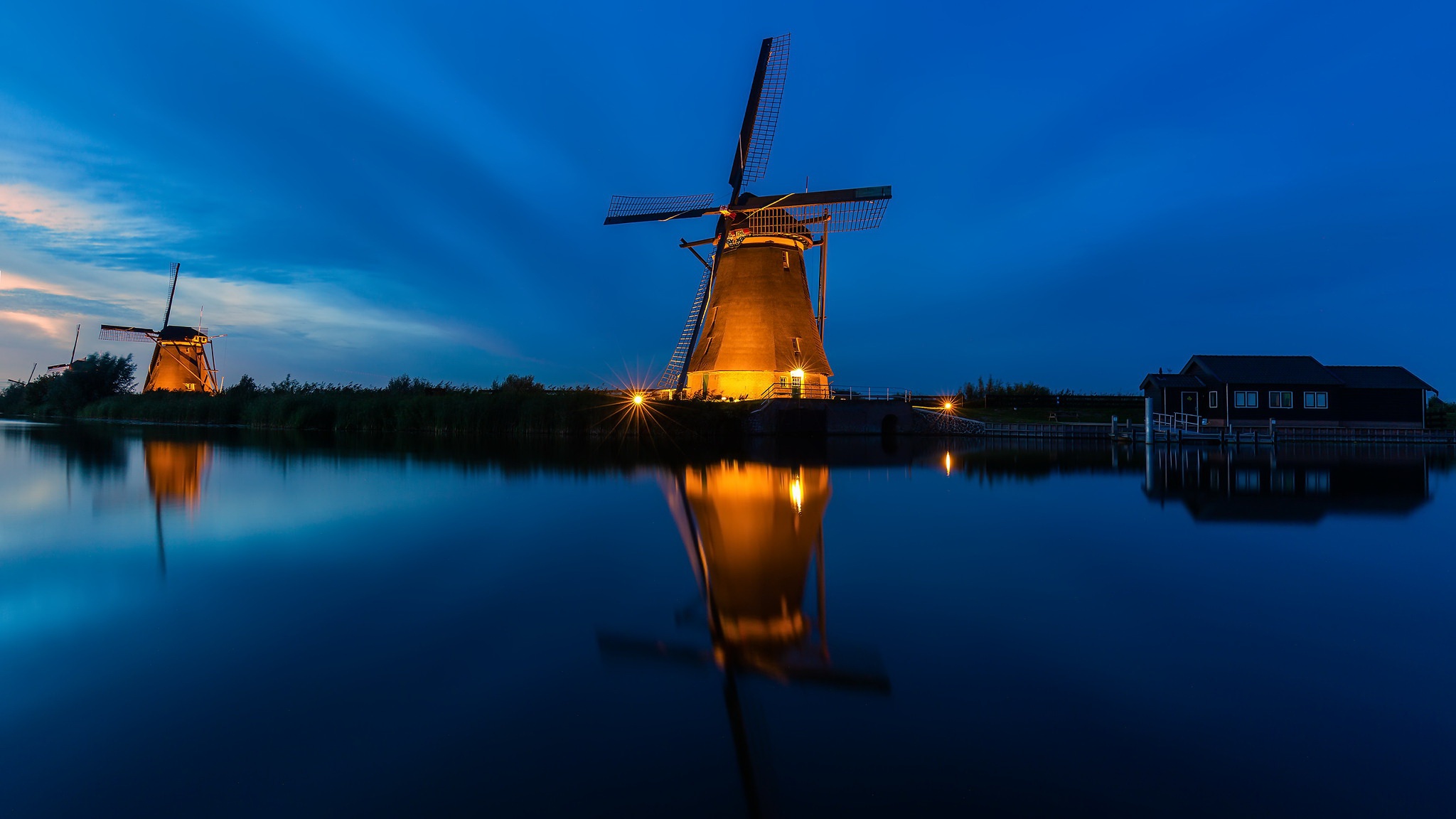PCデスクトップに反射, 風車, オランダ, マンメイド画像を無料でダウンロード