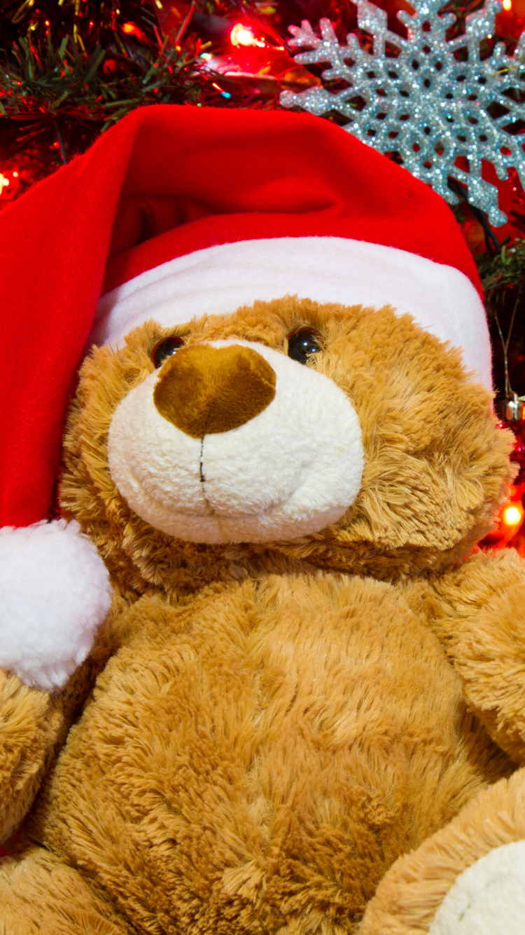 Handy-Wallpaper Feiertage, Weihnachten, Teddybär, Geschenk, Weihnachtsschmuck, Weihnachtsmütze kostenlos herunterladen.