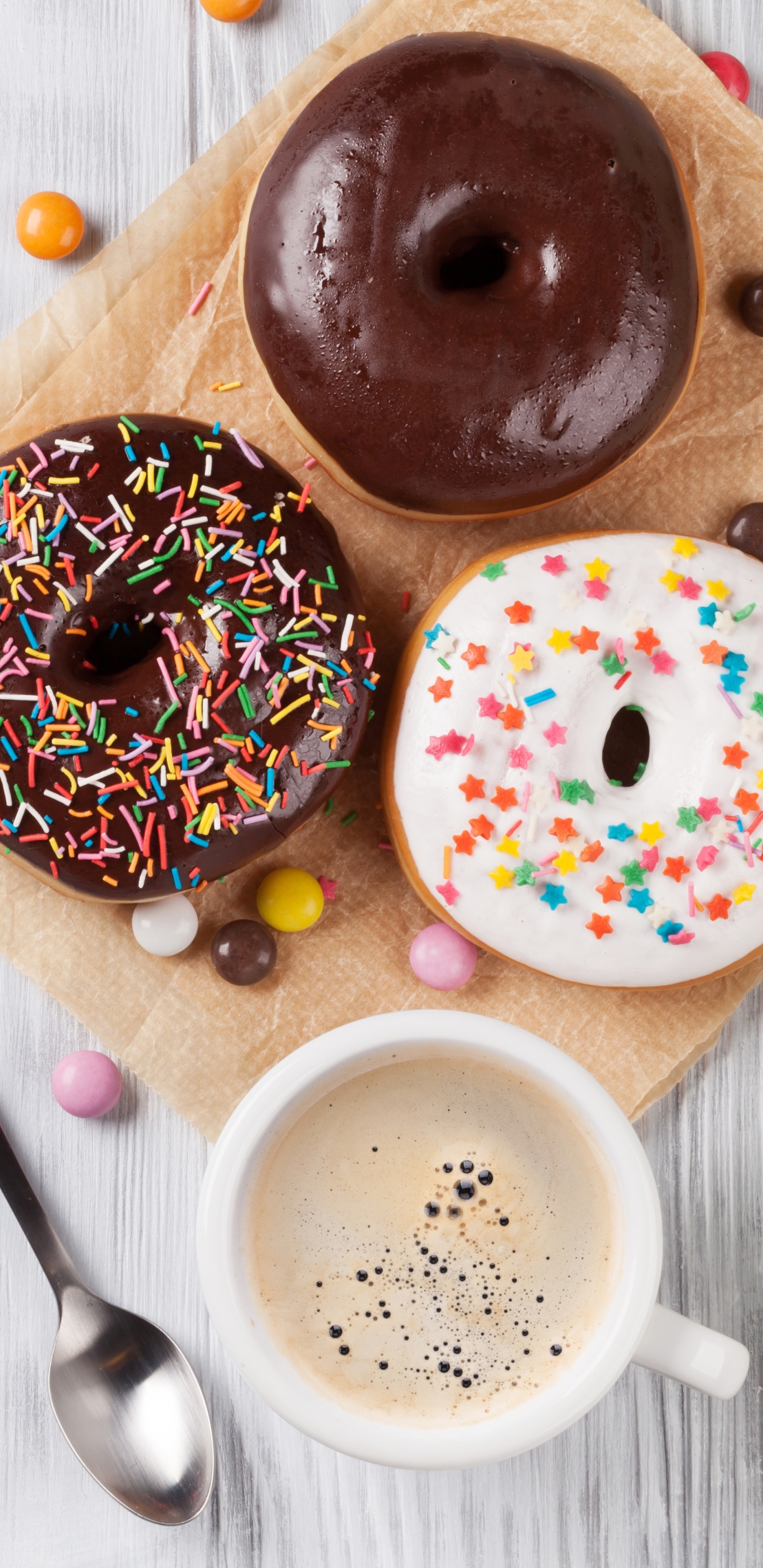 Handy-Wallpaper Tasse, Süßigkeiten, Nahrungsmittel, Stillleben, Kaffee, Donut kostenlos herunterladen.