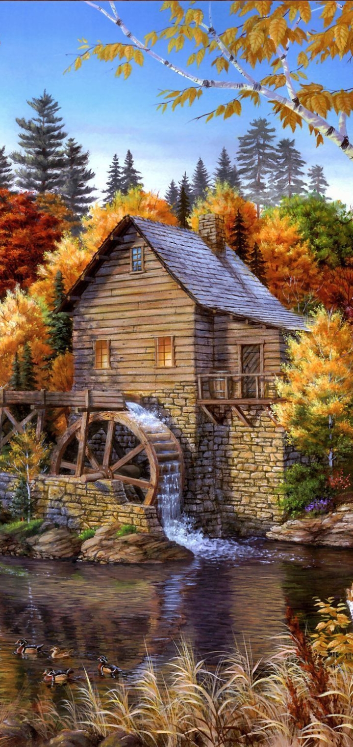 Download mobile wallpaper Landscape, Fall, Artistic, River, Watermill for free.