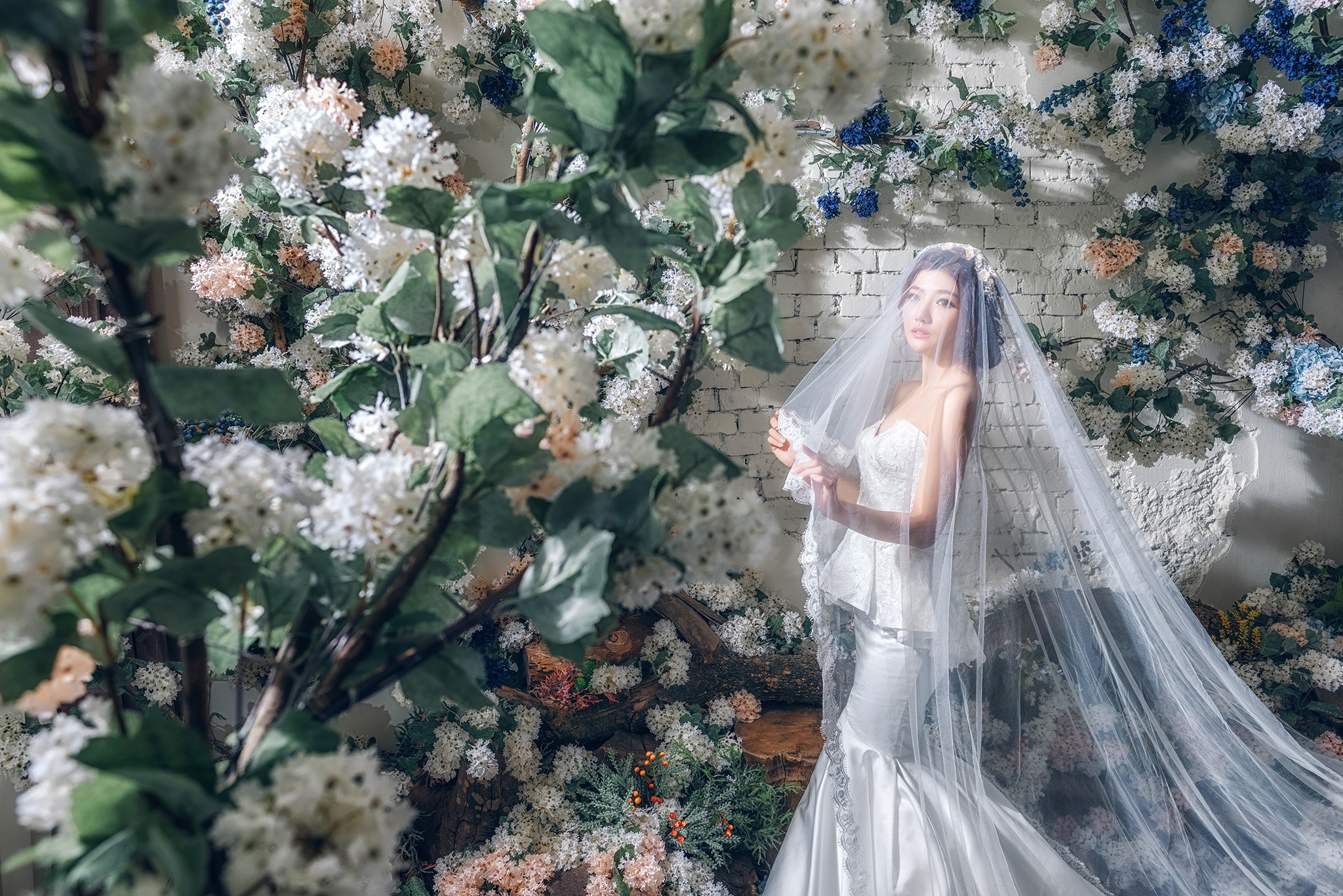 Download mobile wallpaper Flower, Brunette, Bride, Model, Women, White Flower, Asian, Wedding Dress, White Dress for free.