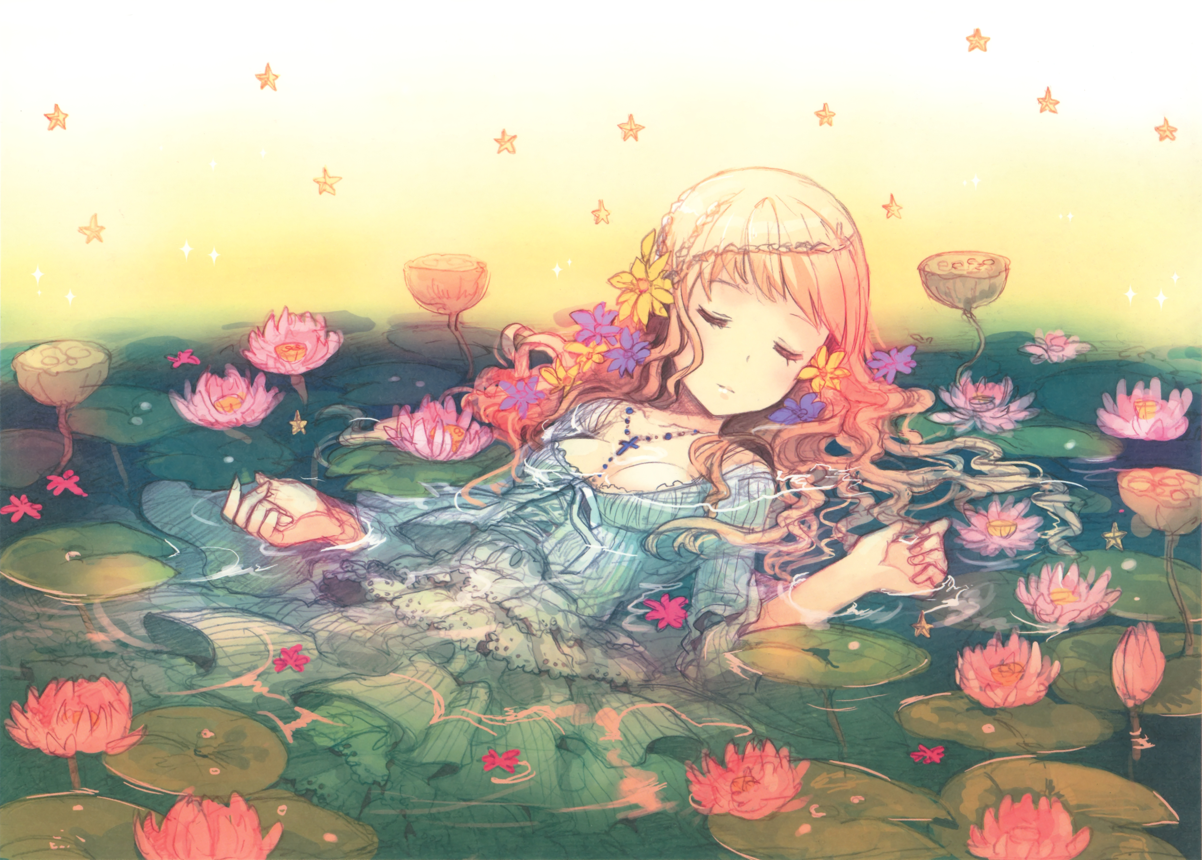 Download mobile wallpaper Anime, Water, Flower, Water Lily, Sleeping, Dress, Cross, Original, Necklace, Lying Down, Blue Dress for free.