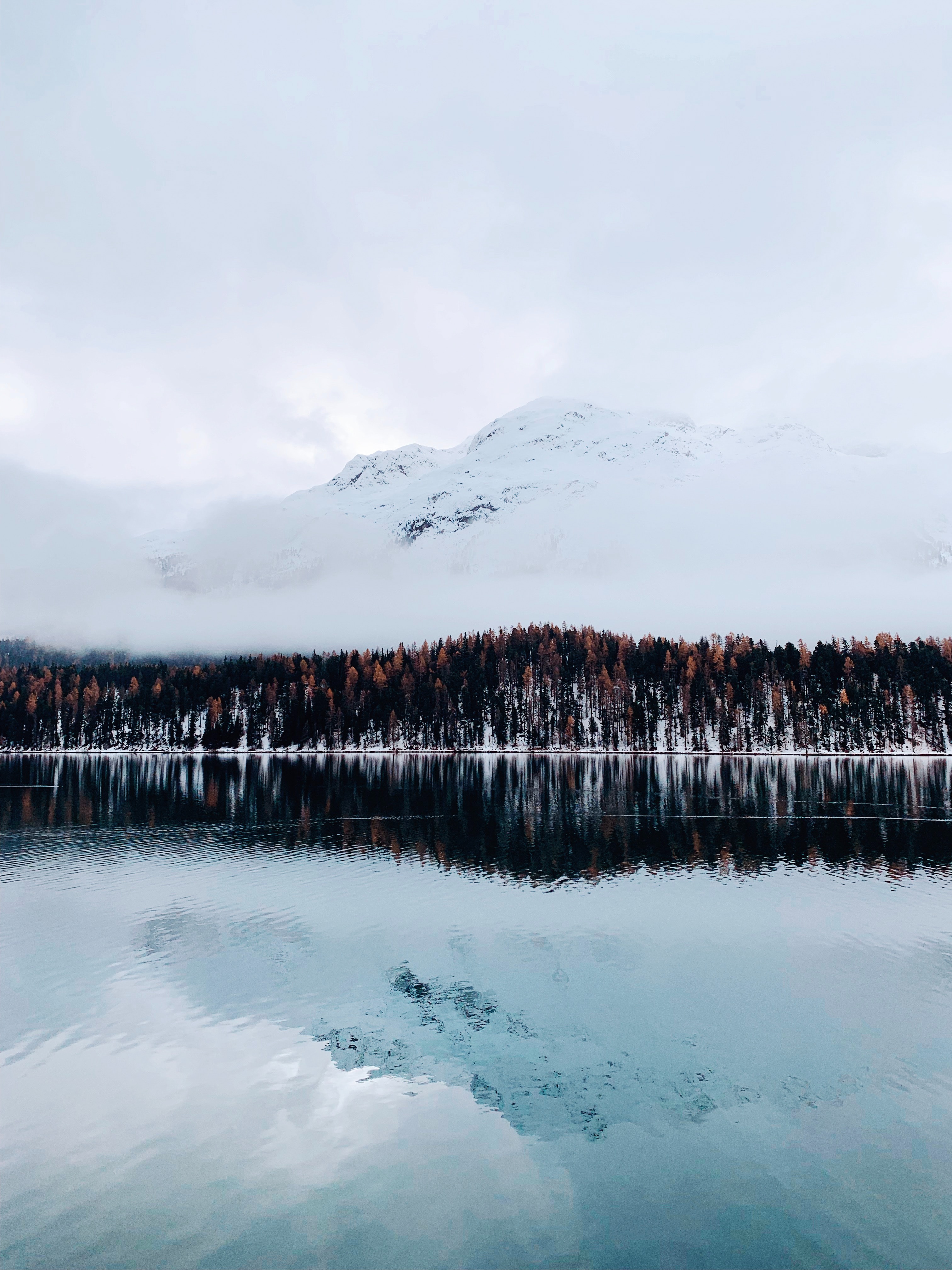Download mobile wallpaper Winter, Snow, Sky, Lake, Trees, Mountain, Nature for free.