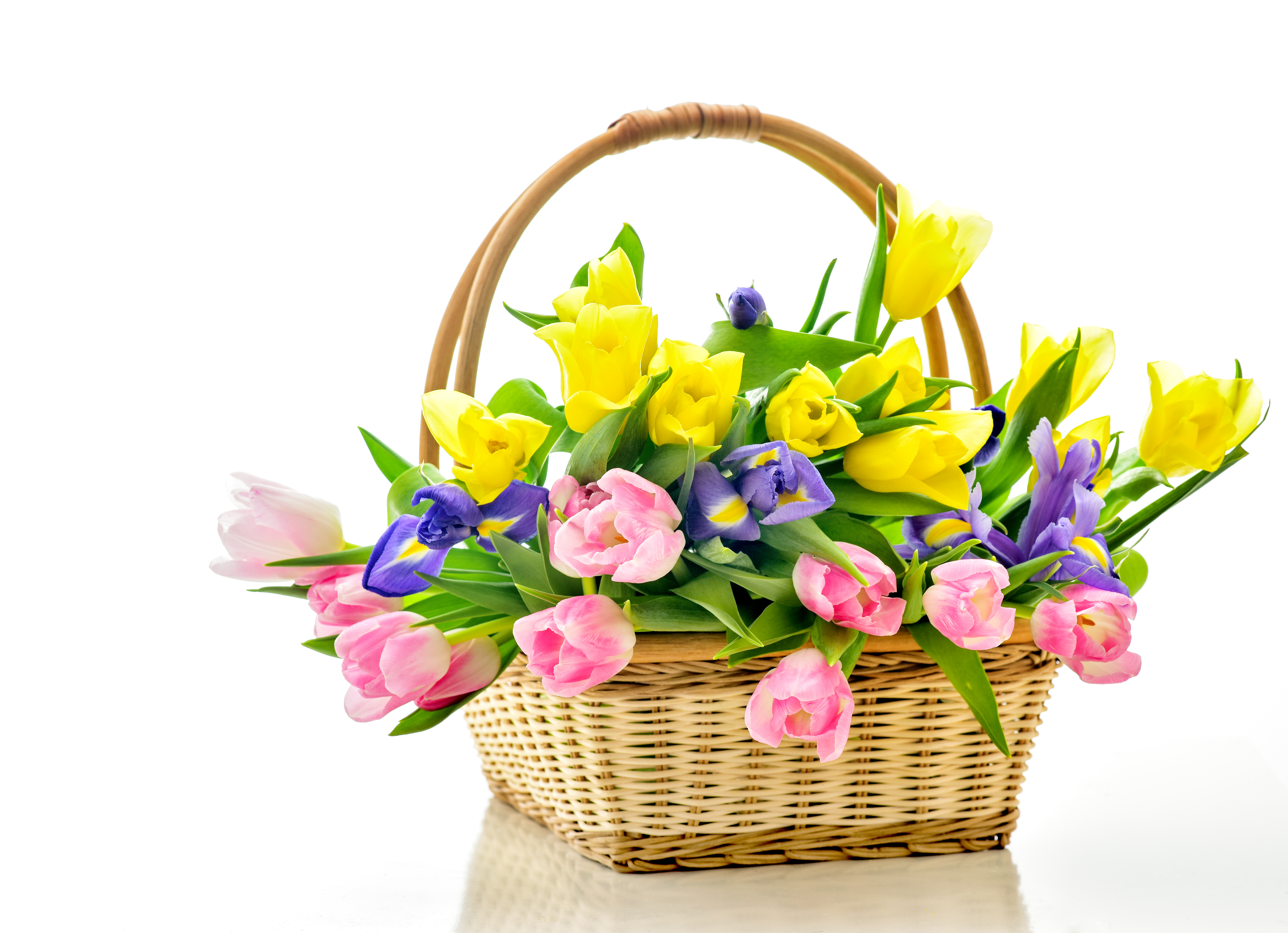 Download mobile wallpaper Iris, Flower, Basket, Tulip, Yellow Flower, Purple Flower, Man Made, Pink Flower for free.