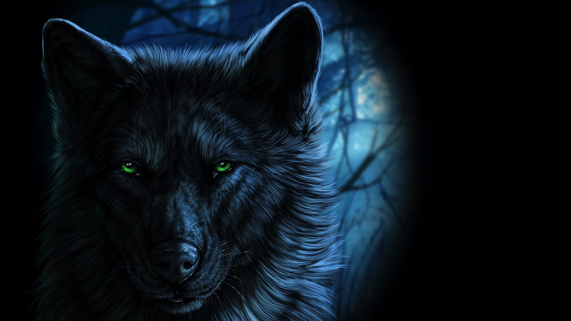 Download mobile wallpaper Fantasy, Night, Wolf, Green Eyes, Fantasy Animals for free.