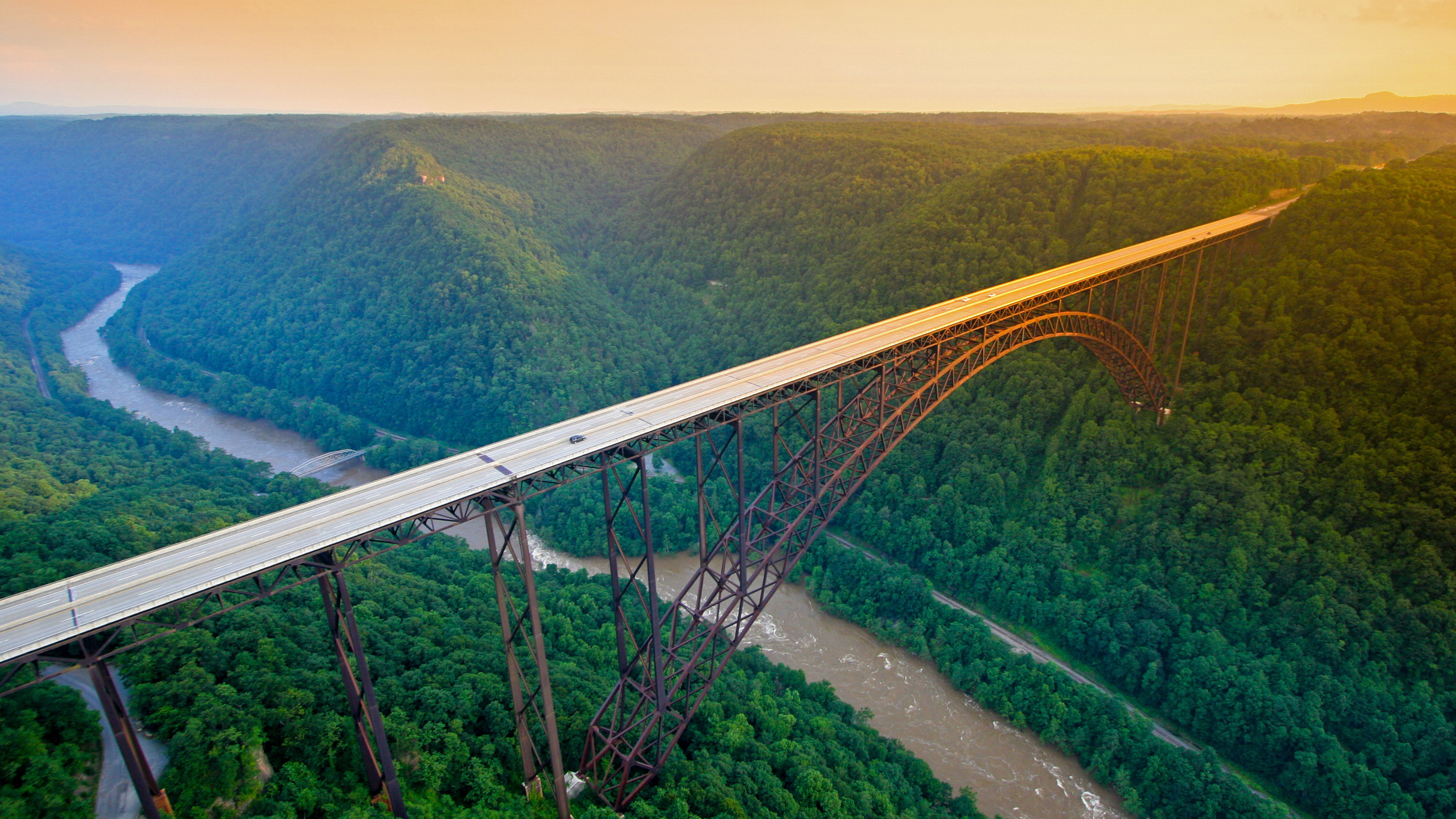 500448 descargar imagen hecho por el hombre, puente de la garganta del río nuevo, fotografía aérea, puente, bosque, rio, puentes: fondos de pantalla y protectores de pantalla gratis