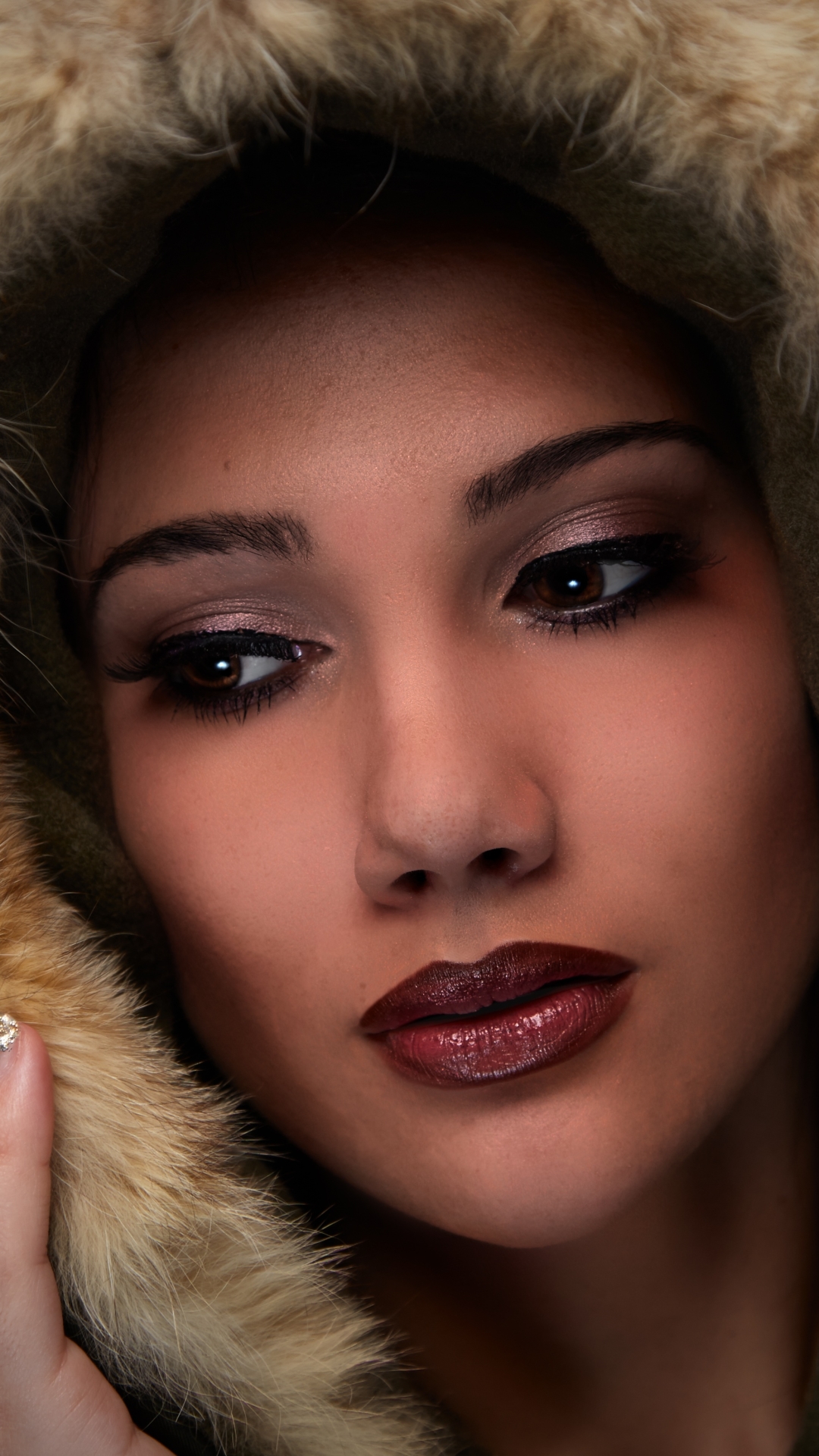 Download mobile wallpaper Face, Hood, Model, Women, Brown Eyes, Lipstick for free.