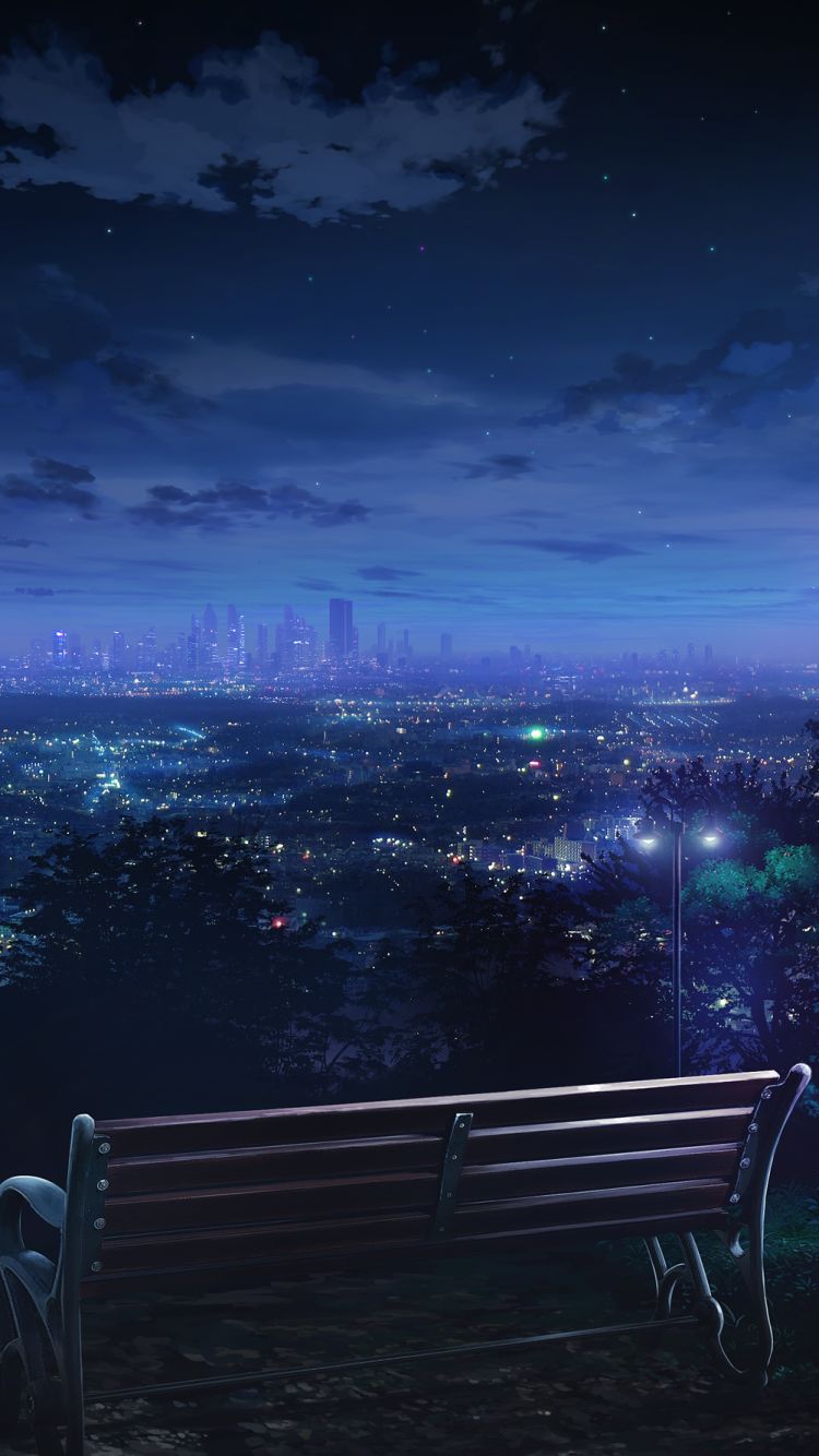 Download mobile wallpaper Anime, Night, City, Bench for free.