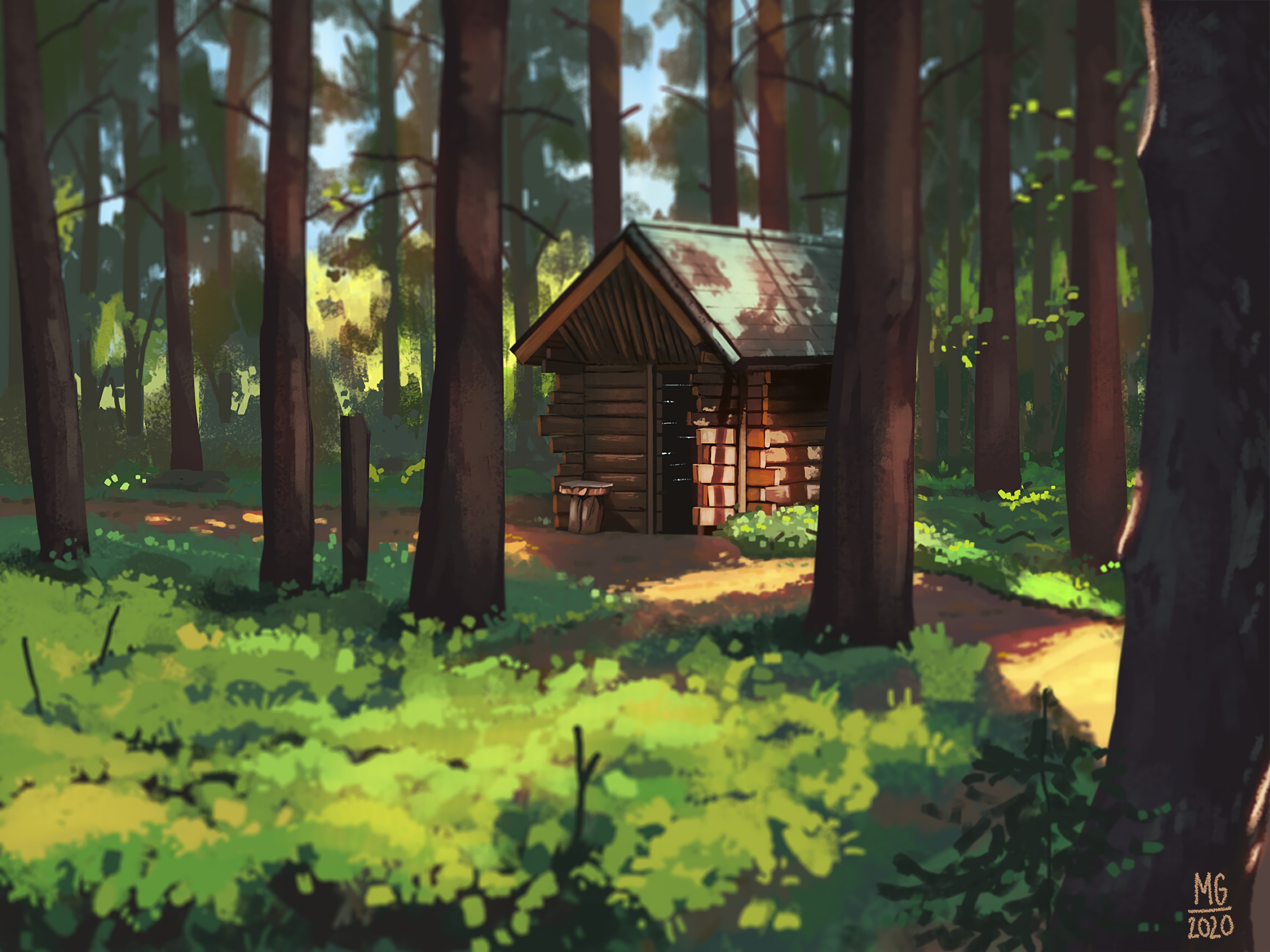 art, hut, trees, forest