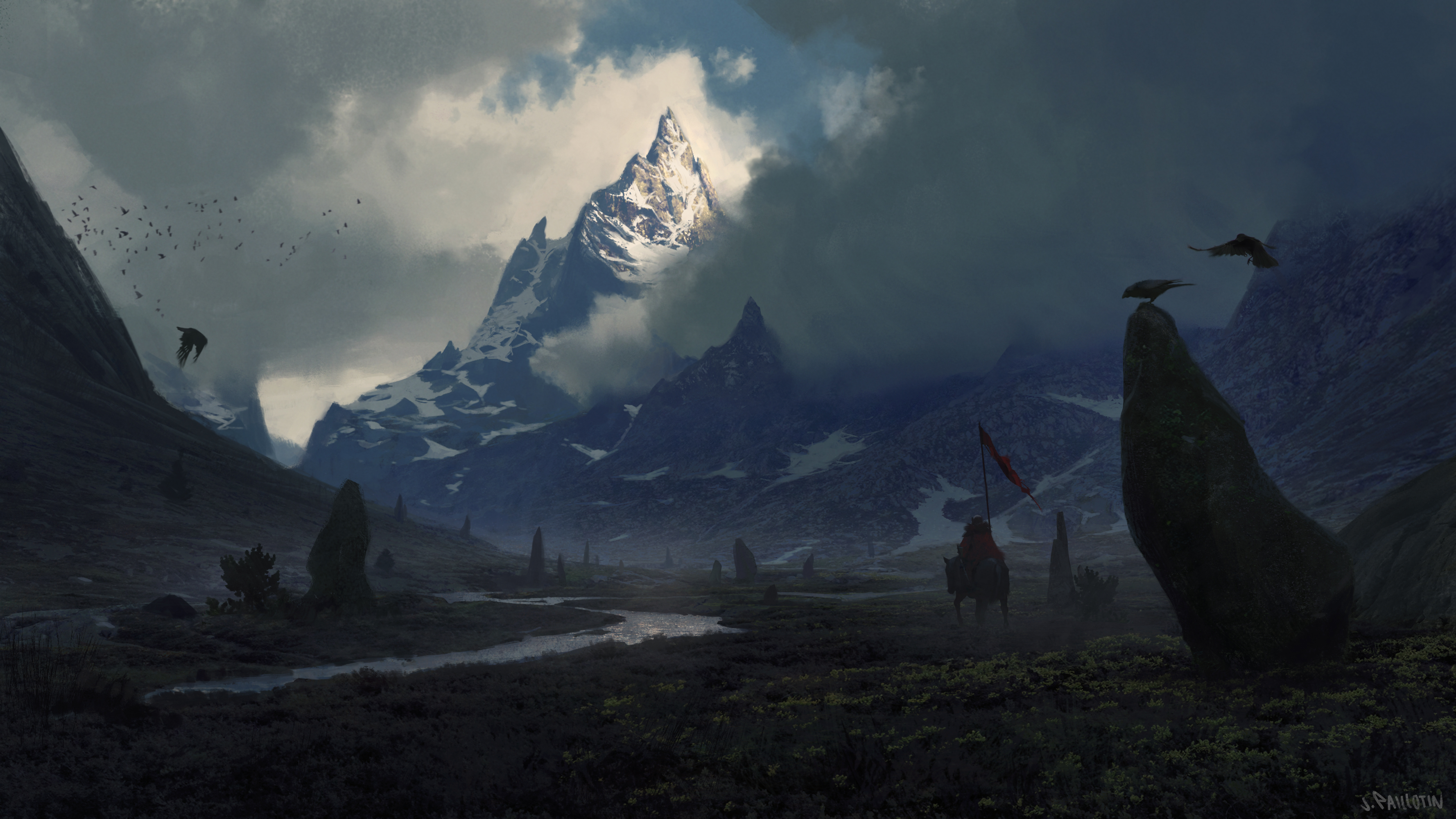 fantasy, landscape, crow, mountain, peak, warrior