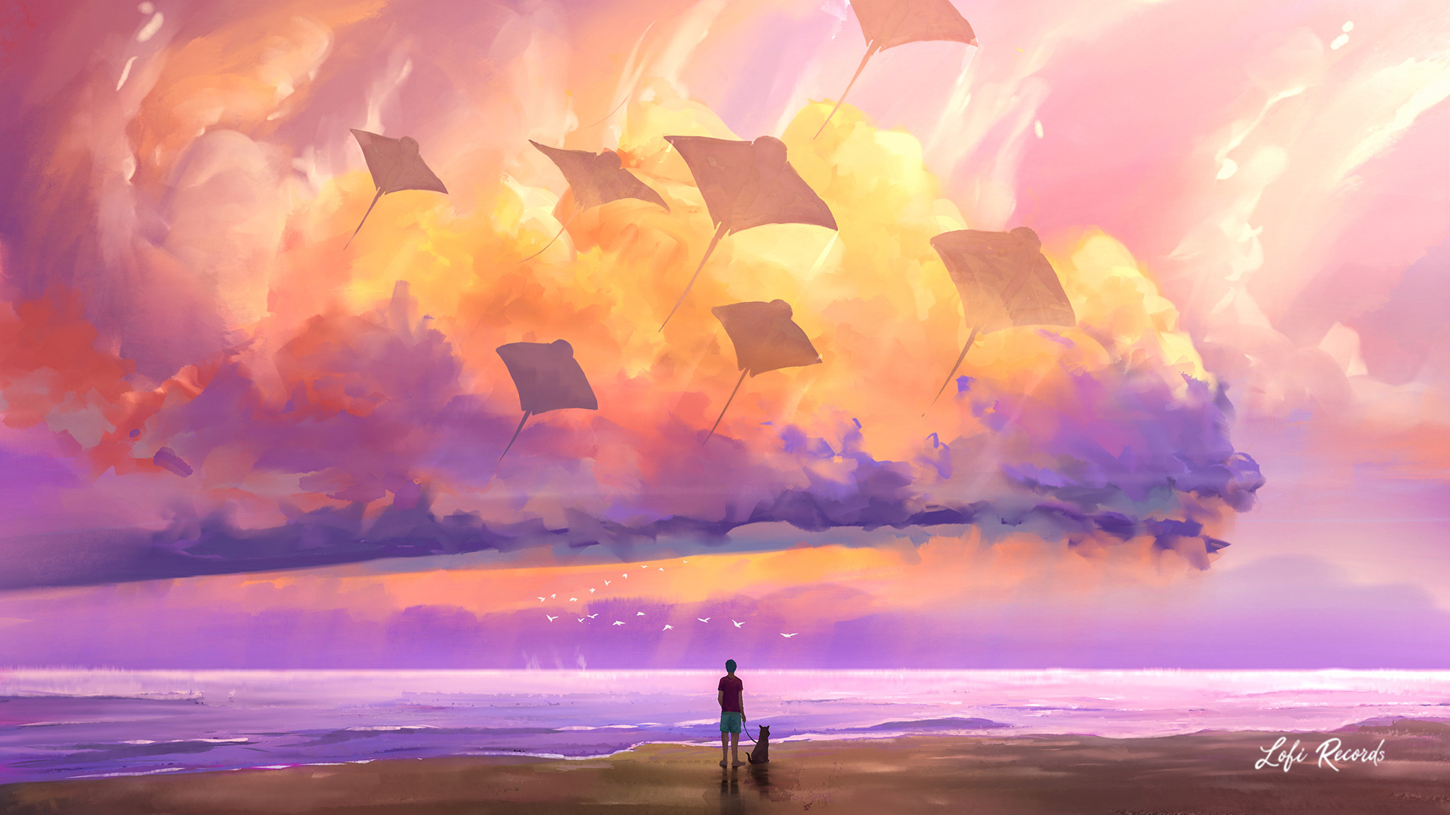 Download mobile wallpaper Sky, Sea, Horizon, Dog, Digital Art, Artistic, Cloud for free.