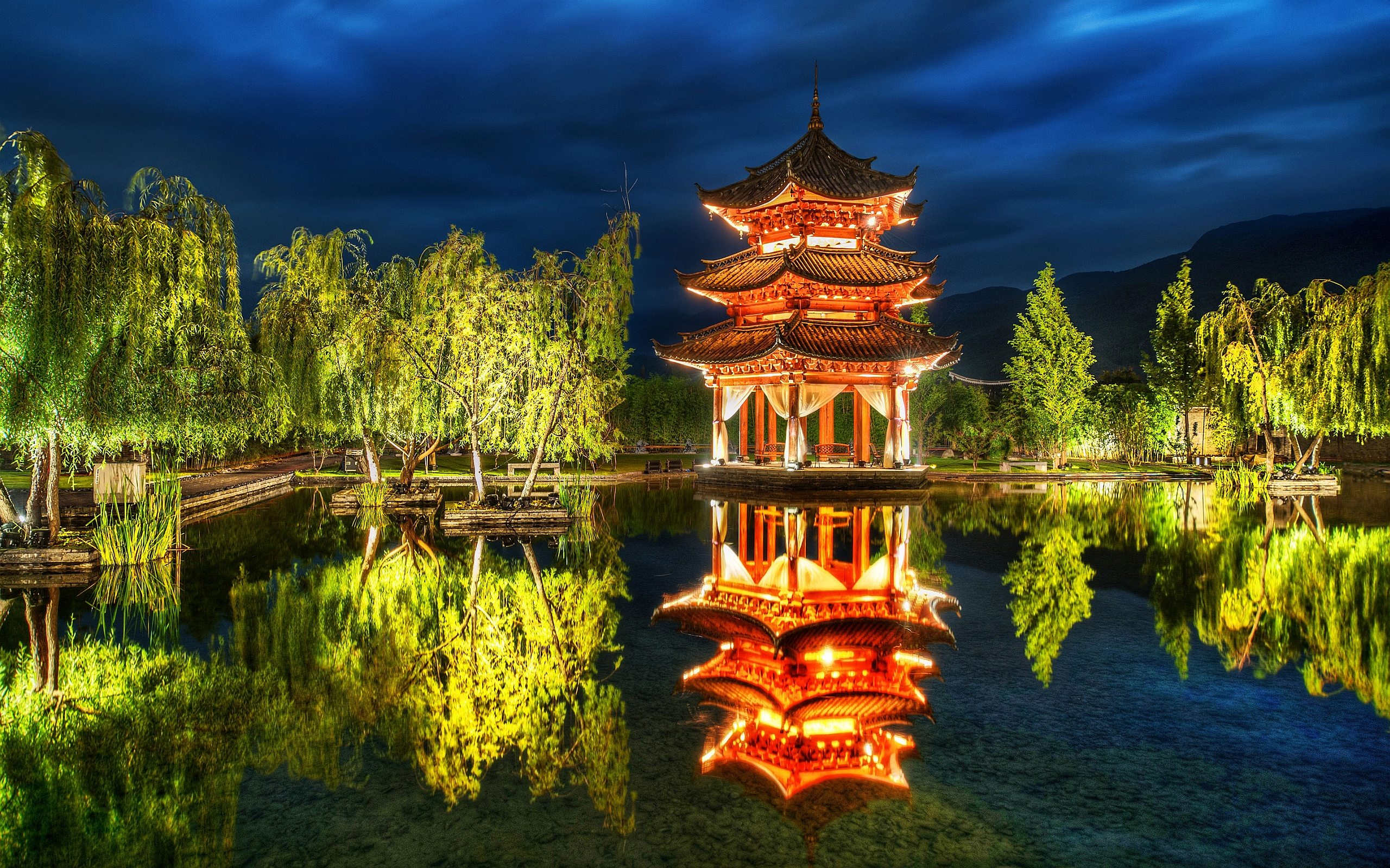 man made, pavilion, asian, evening, garden, light, pond, reflection Phone Background