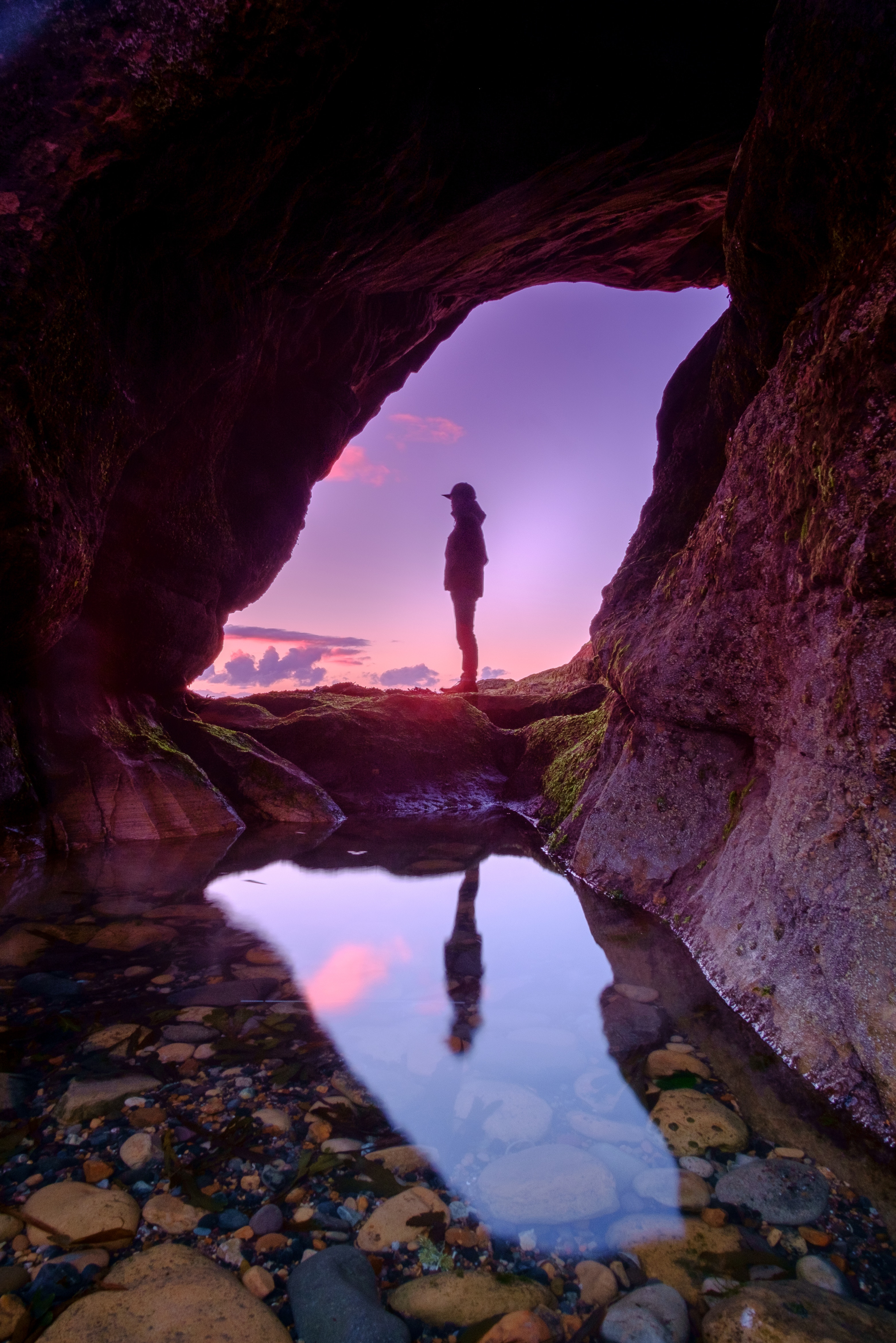 Free download wallpaper Water, Stones, Reflection, Silhouette, Nature, Cave on your PC desktop
