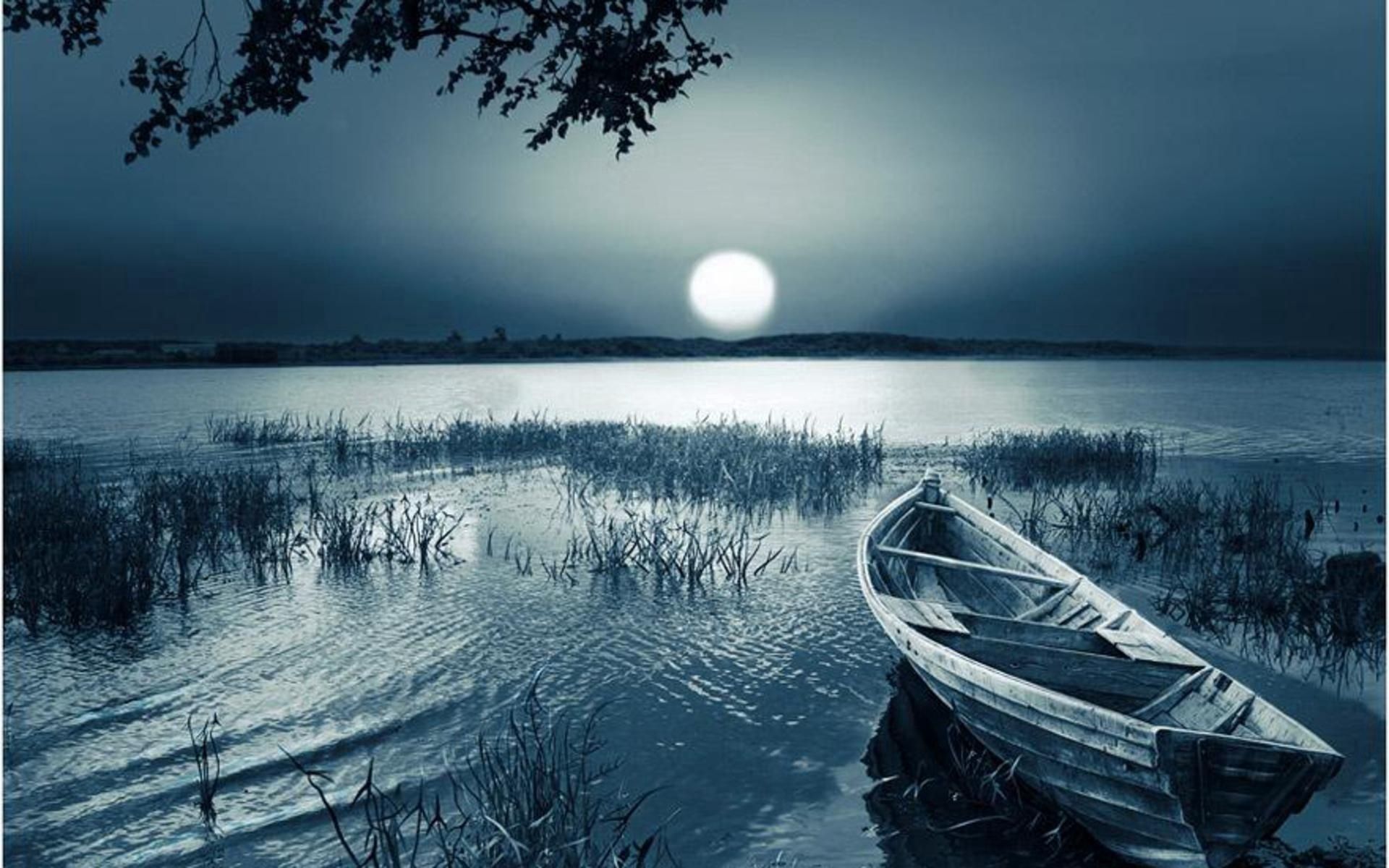 water, nature, grass, moon, shine, light, darkness, boat, slope, disk, basin, incline
