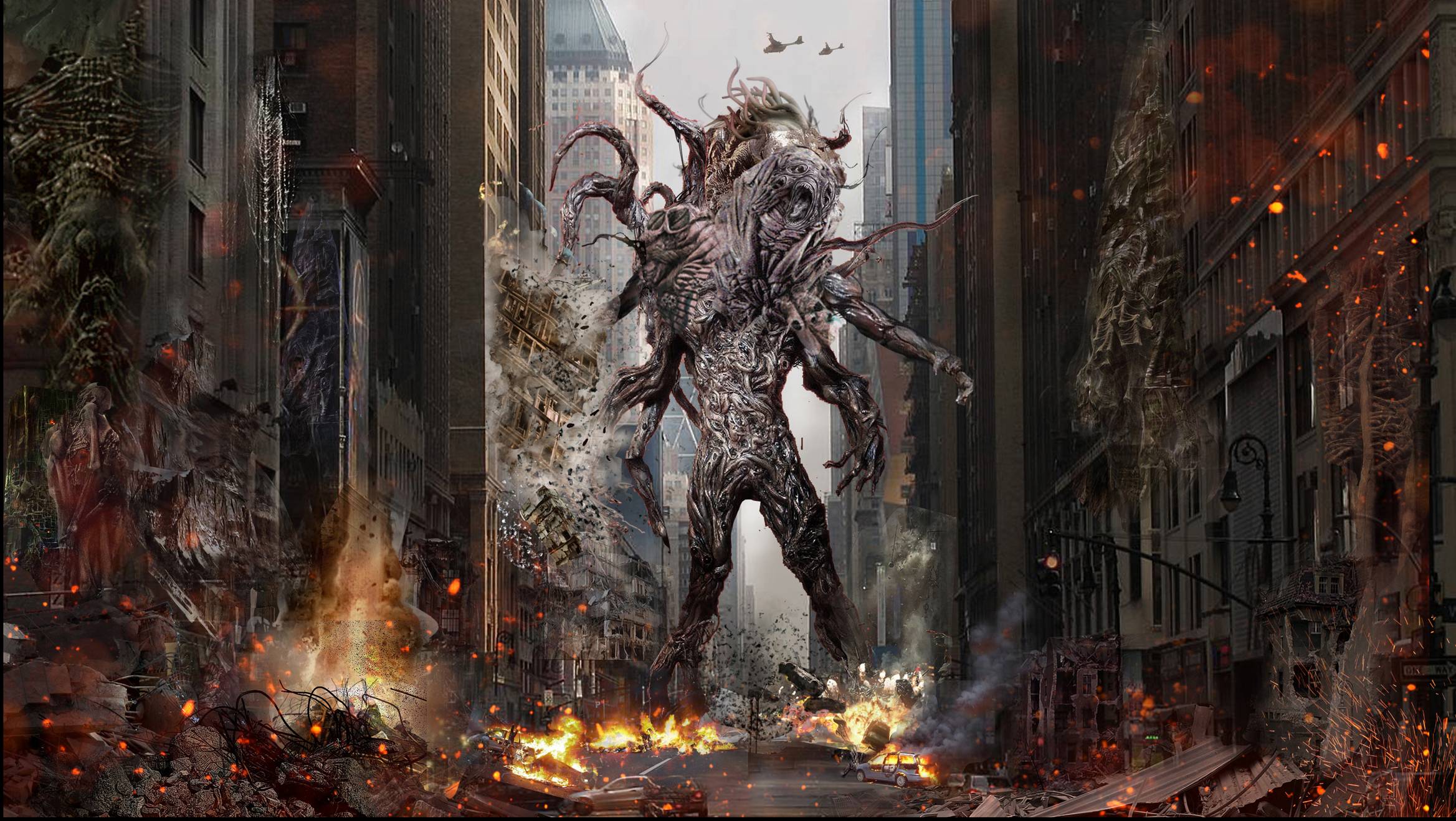 Free download wallpaper City, Dark, Creature, Creepy, Battle, Giant on your PC desktop