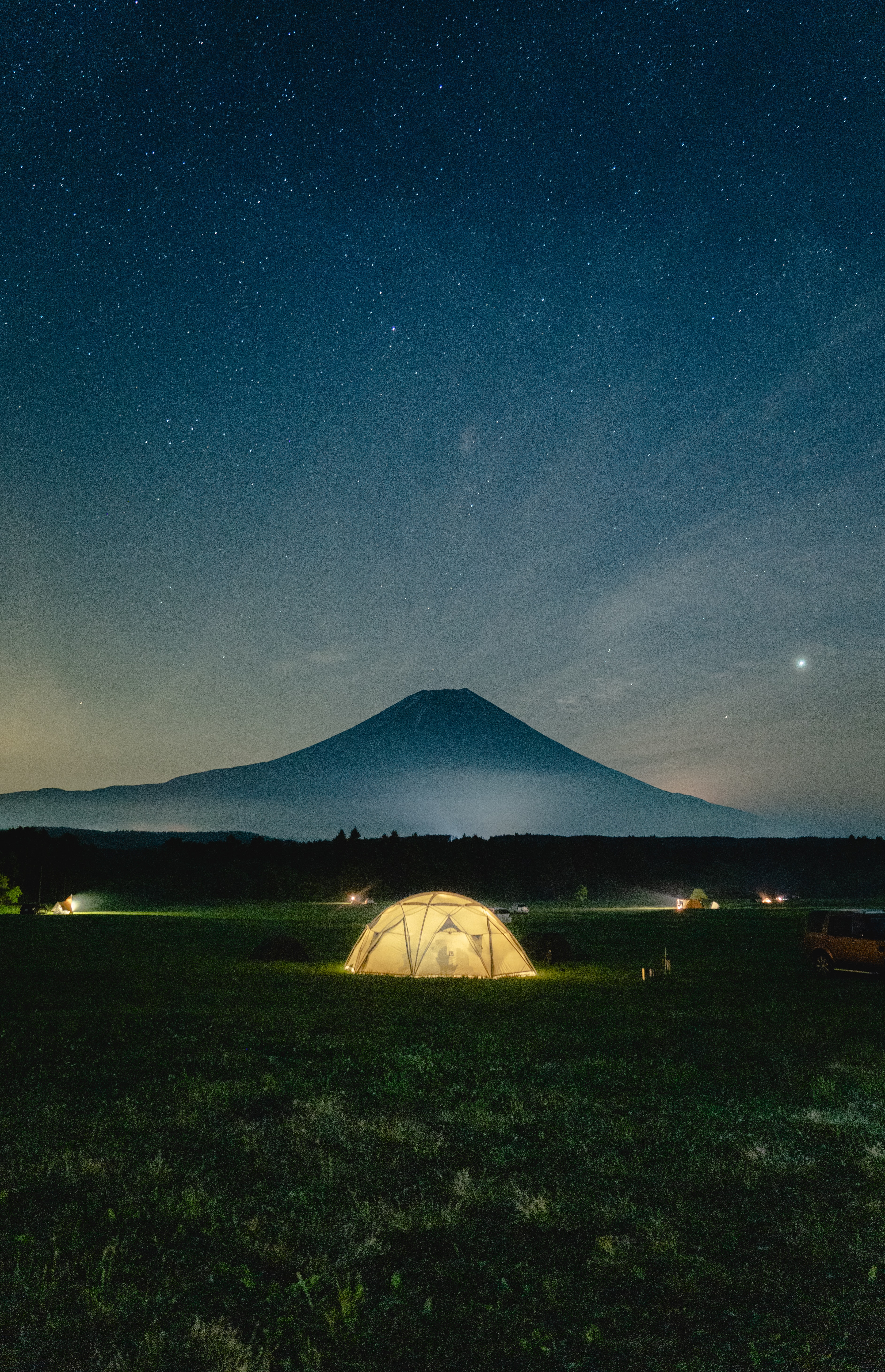 camping, tent, night, mountains, dark, glow, campsite