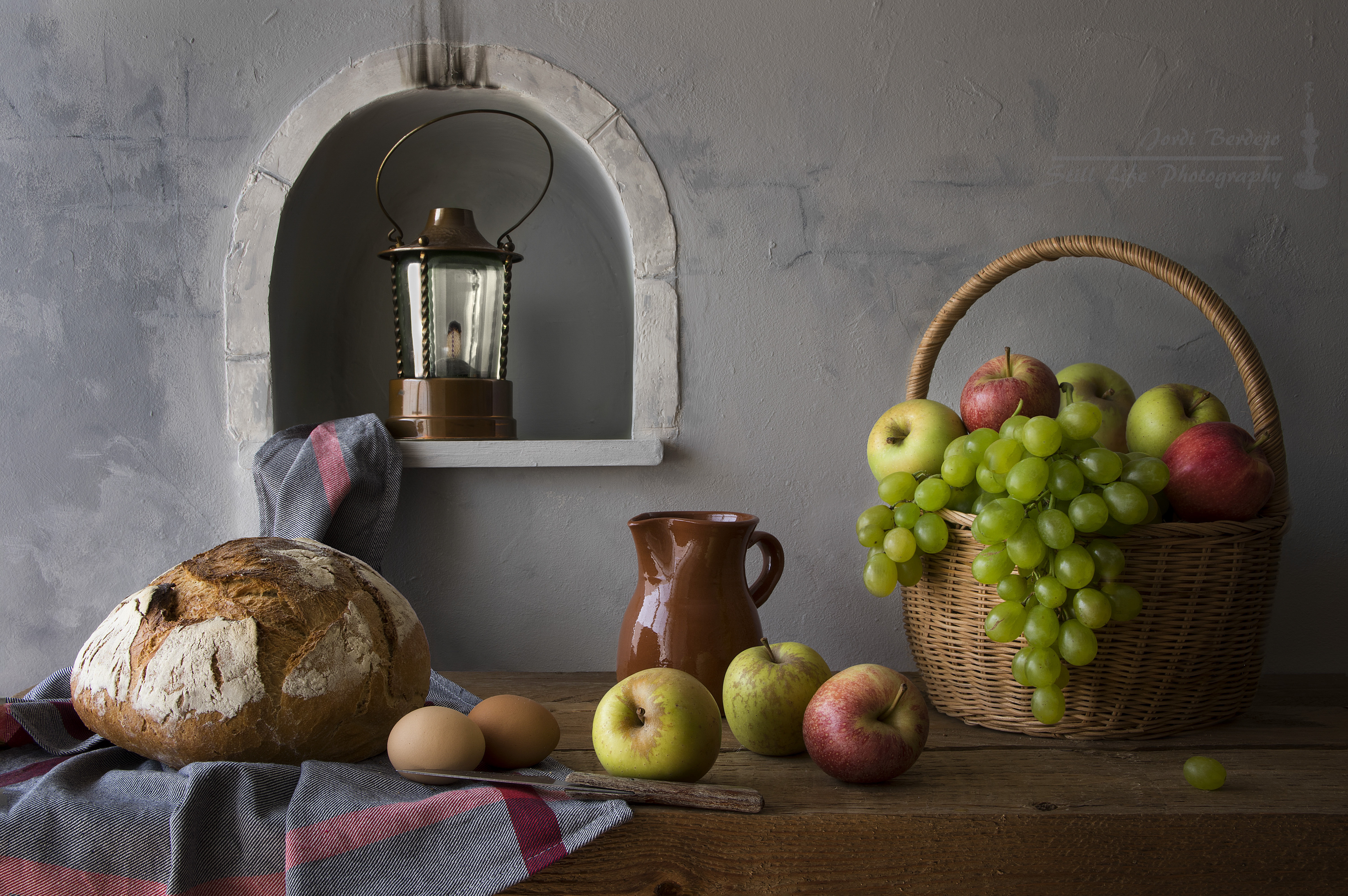 Download mobile wallpaper Food, Apple, Grapes, Still Life, Egg, Bread for free.