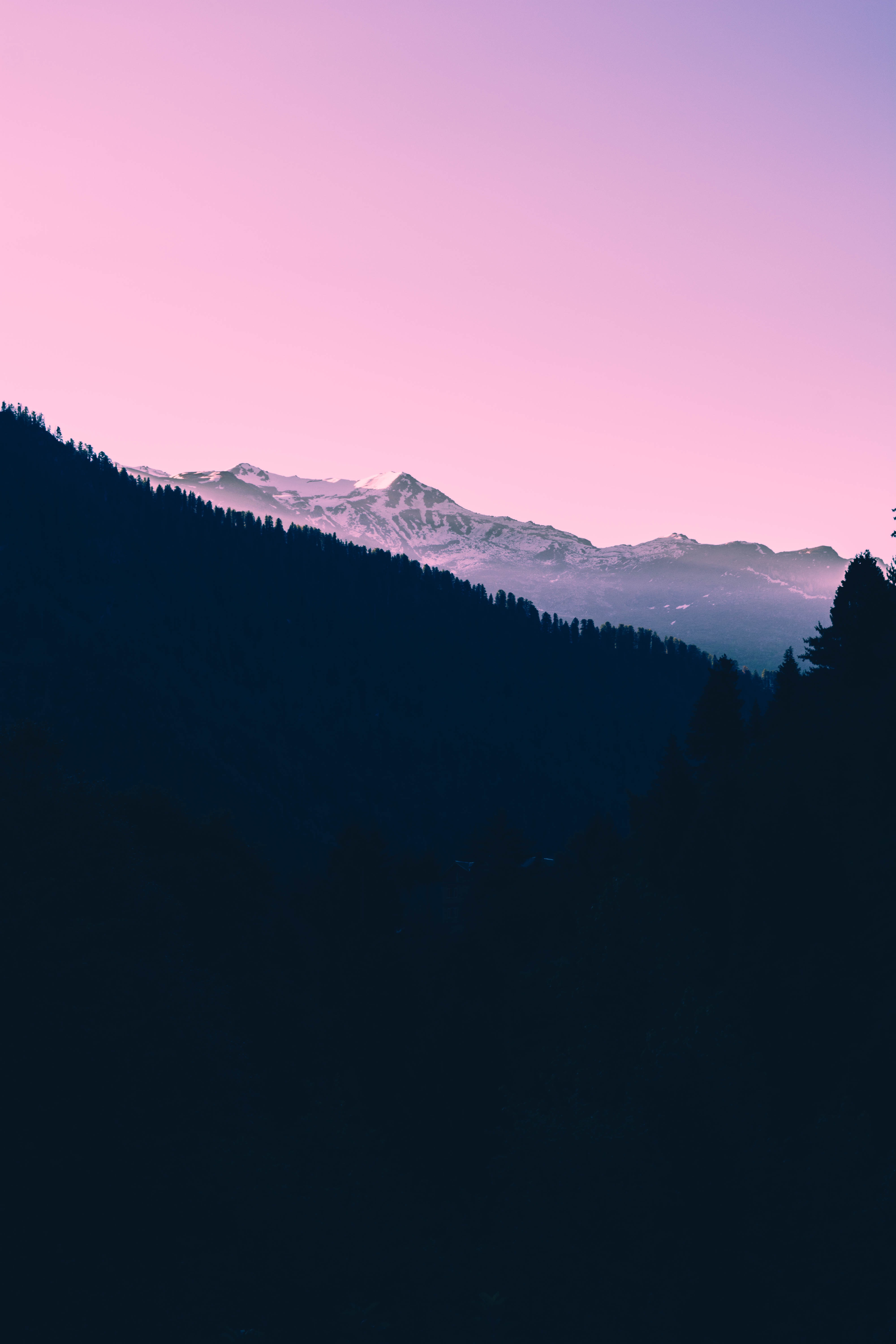 Free download wallpaper Trees, Sunset, Sky, Mountains, Pink, Nature on your PC desktop