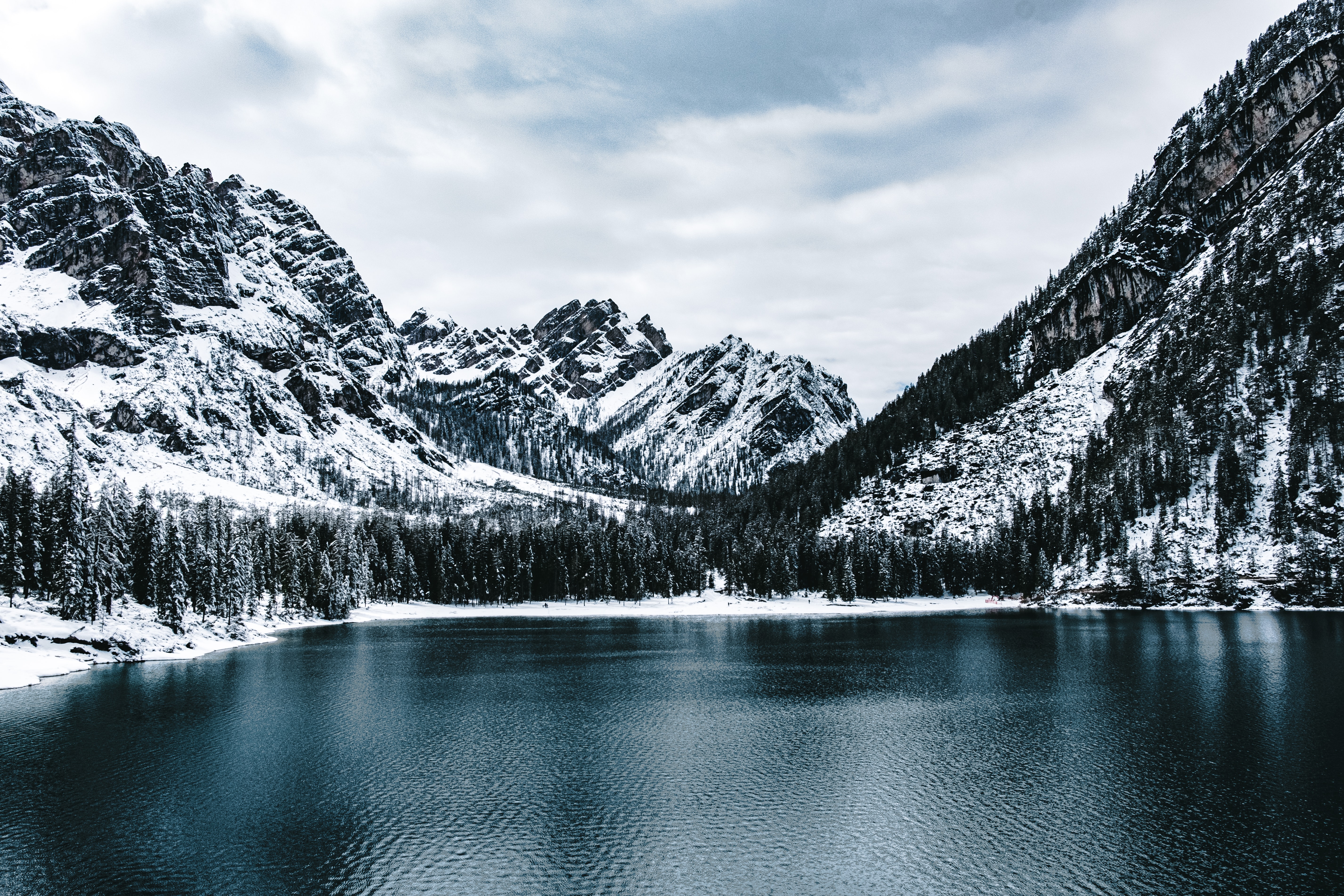 Download mobile wallpaper Snow, Mountain, Lake, Winter, Landscape, Nature, Water for free.