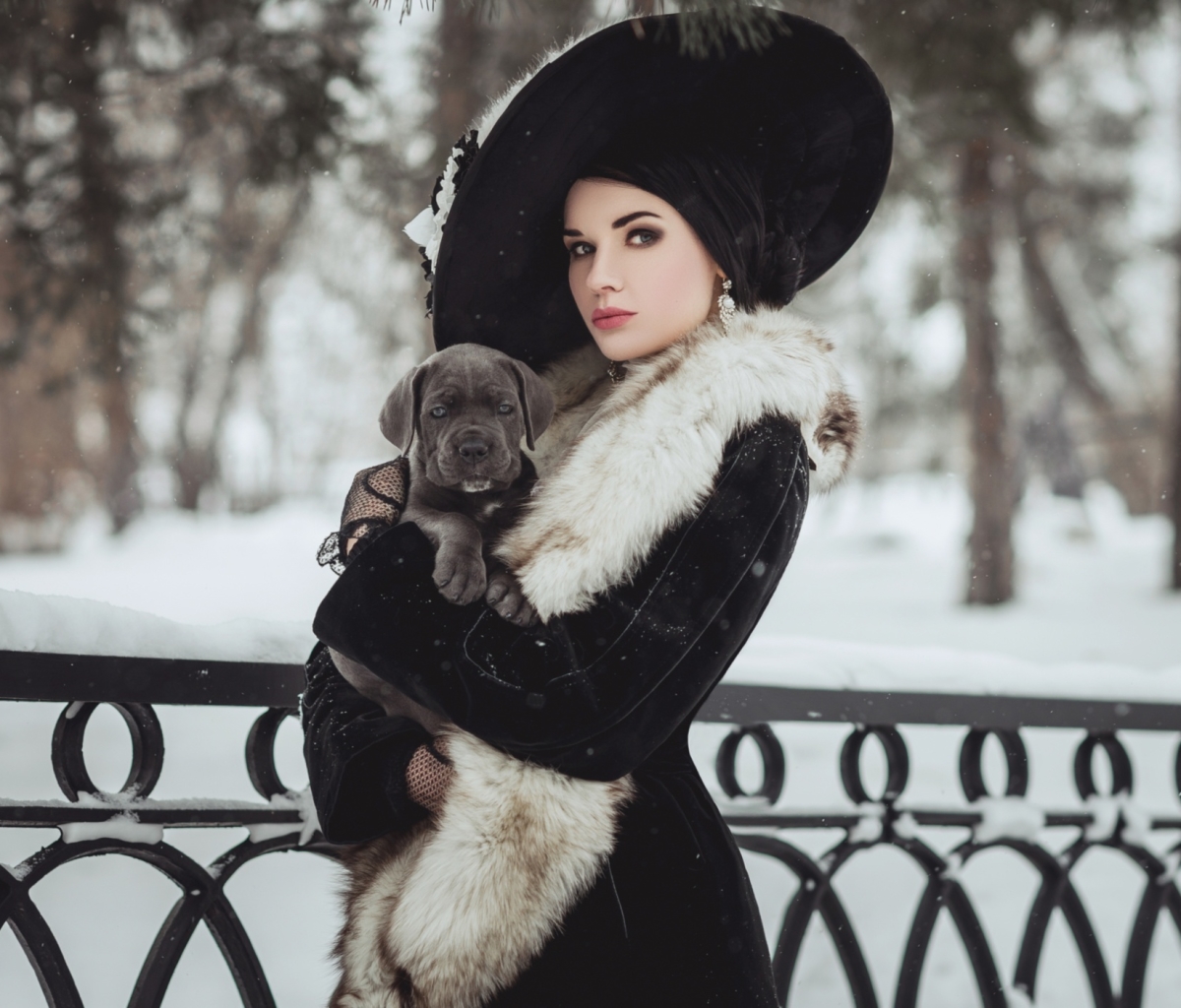 Download mobile wallpaper Winter, Dog, Puppy, Hat, Fur, Model, Women for free.