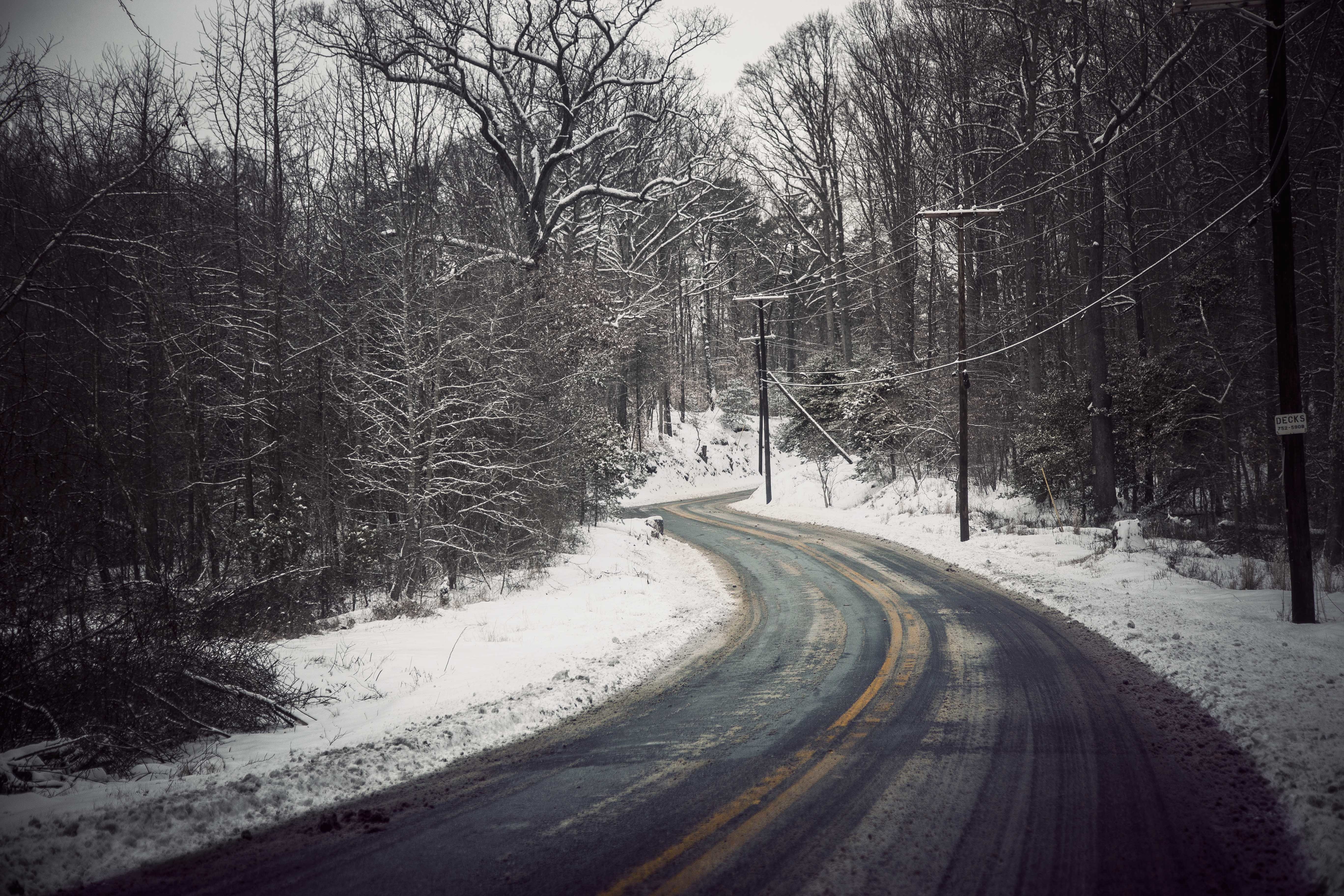 nature, snow, road, turn Desktop Wallpaper