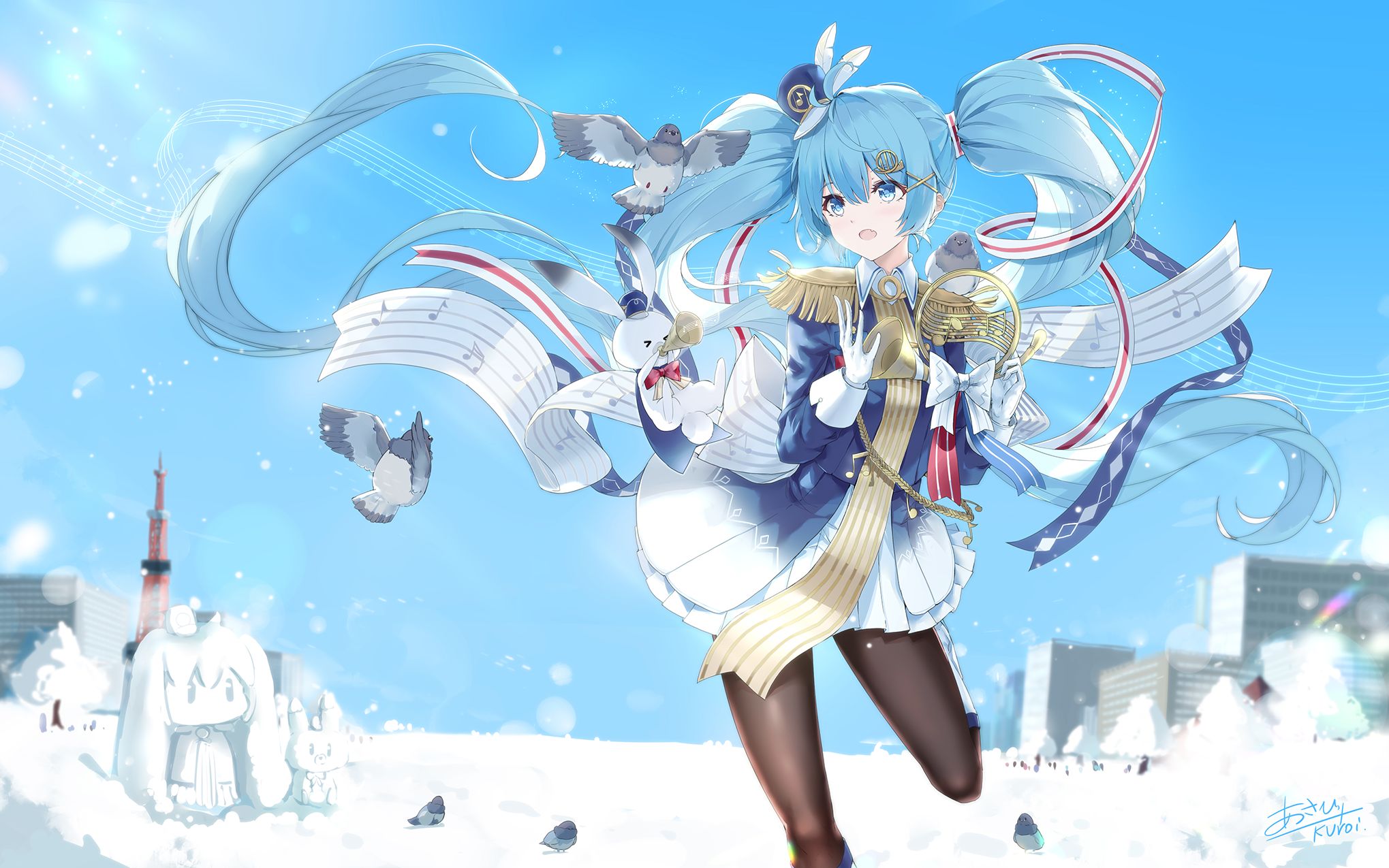 PCデスクトップに雪, ボーカロイド, 青い目, 長い髪, 青い髪, 初音ミク, アニメ画像を無料でダウンロード