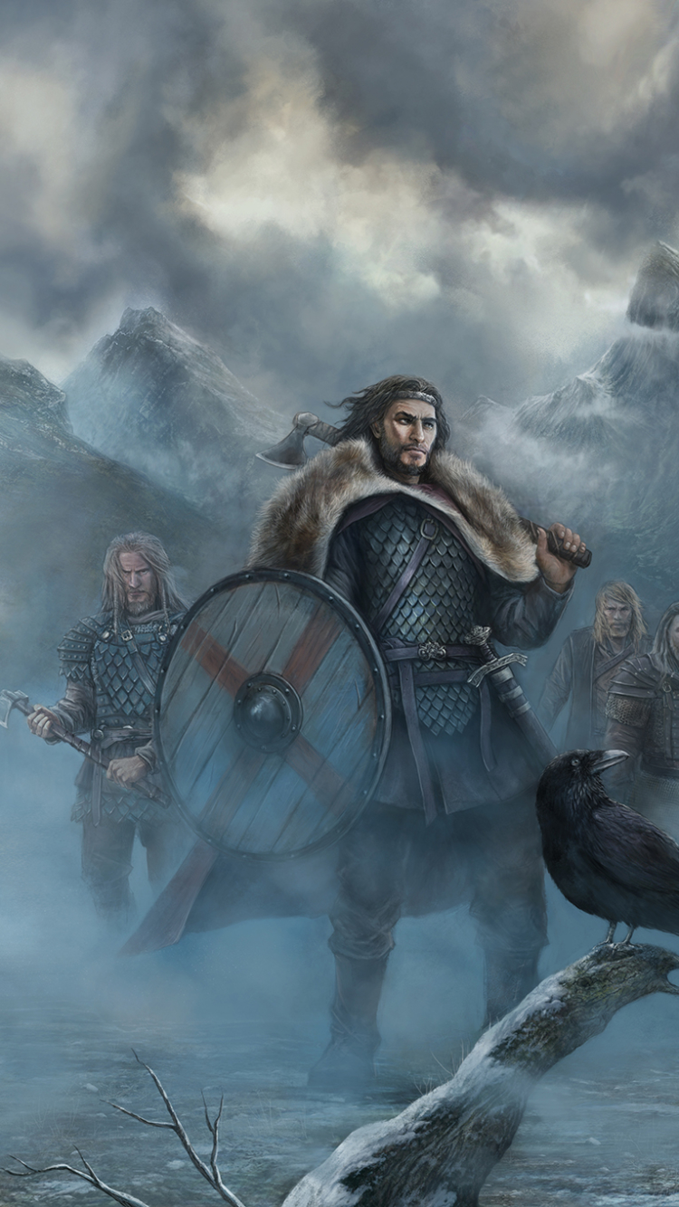 Download mobile wallpaper Fantasy, Mountain, Shield, Warrior, Crow, Axe, Viking, Drakkar for free.