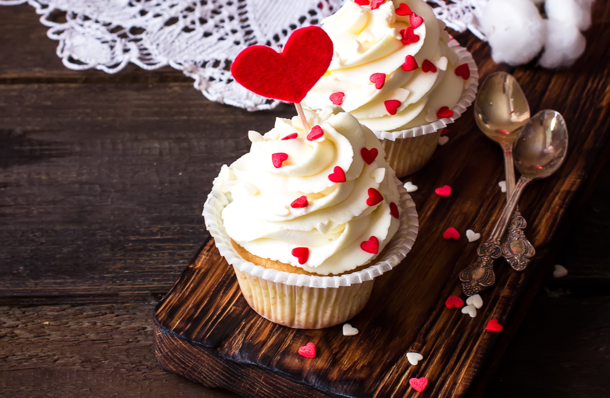 Download mobile wallpaper Food, Still Life, Cream, Heart, Sweets, Cupcake for free.