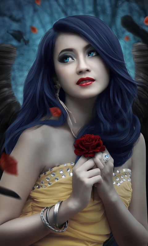 Download mobile wallpaper Fantasy, Rose, Wings, Angel, Blue Eyes, Blue Hair, Lipstick for free.