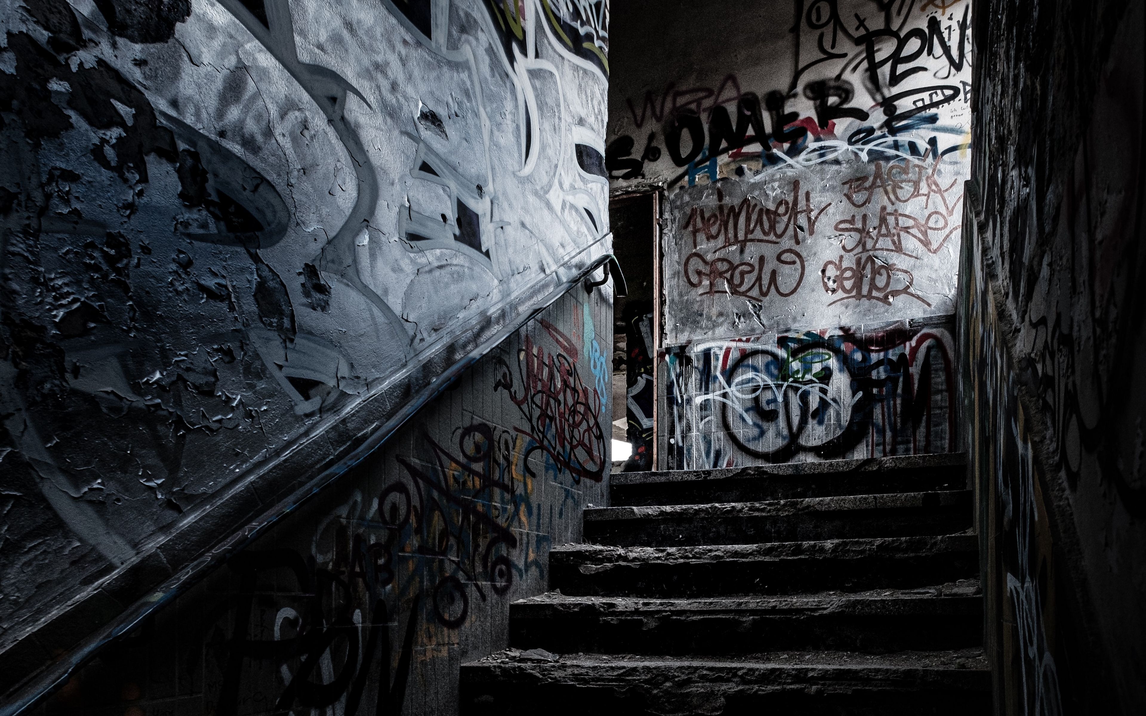 Download mobile wallpaper Interior, Dark, Wall, Stairs, Graffiti, Abandoned, Man Made for free.