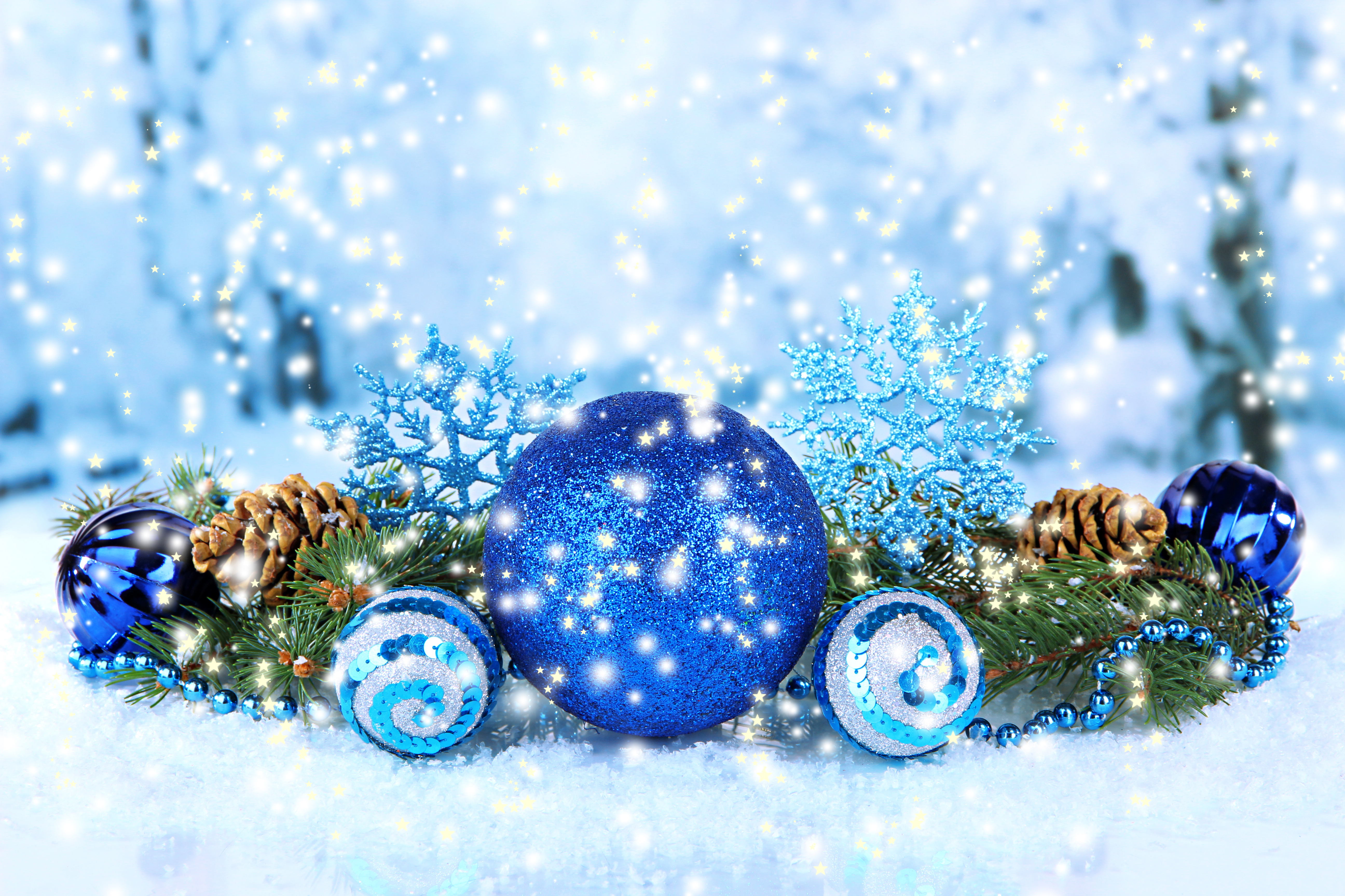 803099 Hintergrundbild herunterladen feiertage, weihnachten, blau, weihnachtsschmuck, dekoration, schneefall - Bildschirmschoner und Bilder kostenlos