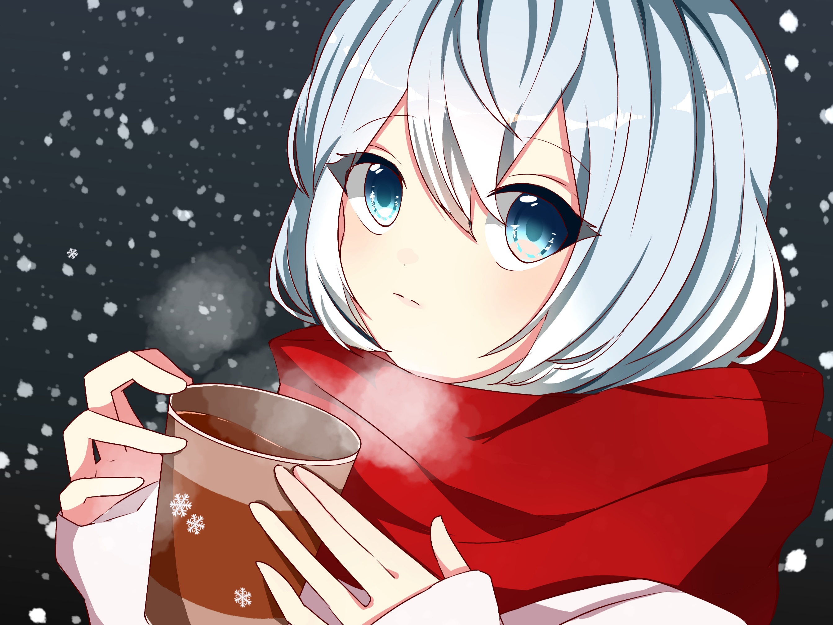 Laden Sie das Schneefall, Schal, Blaue Augen, Original, Animes, Weißes Haar, Kaffee-Bild kostenlos auf Ihren PC-Desktop herunter