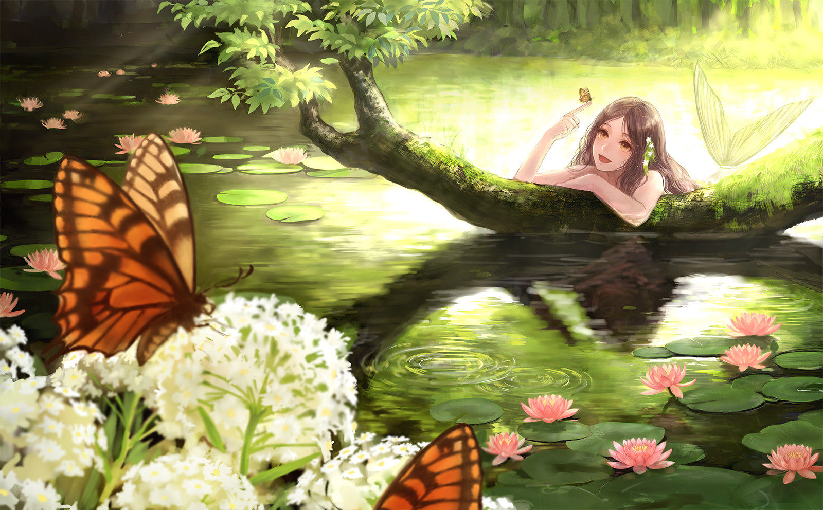 748023 скачать обои аниме, русалка, коричневые волосы, бабочка, кувшинковые - заставки и картинки бесплатно
