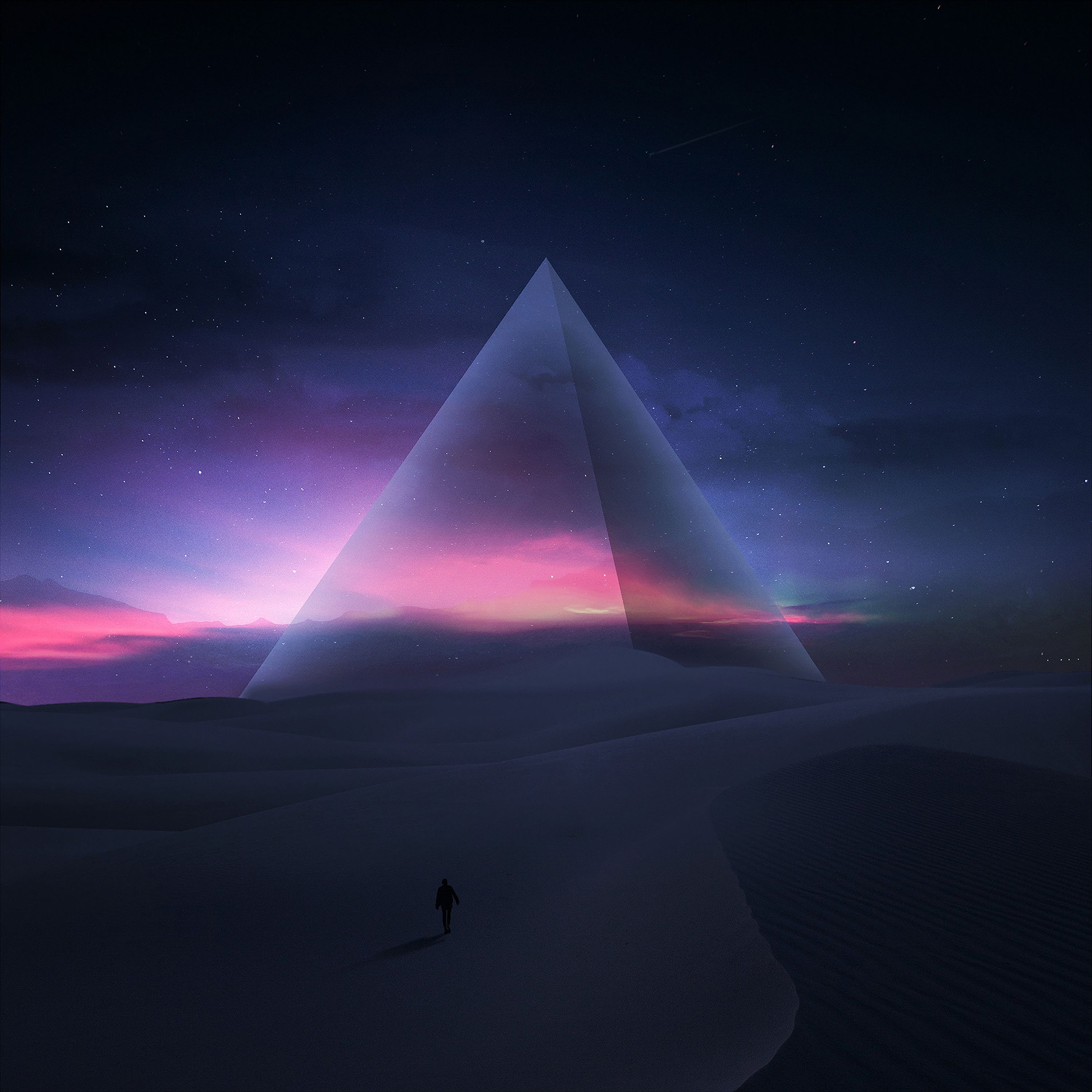 Download mobile wallpaper Pyramid, Desert, Starry Sky, Stars, Silhouette, Art for free.