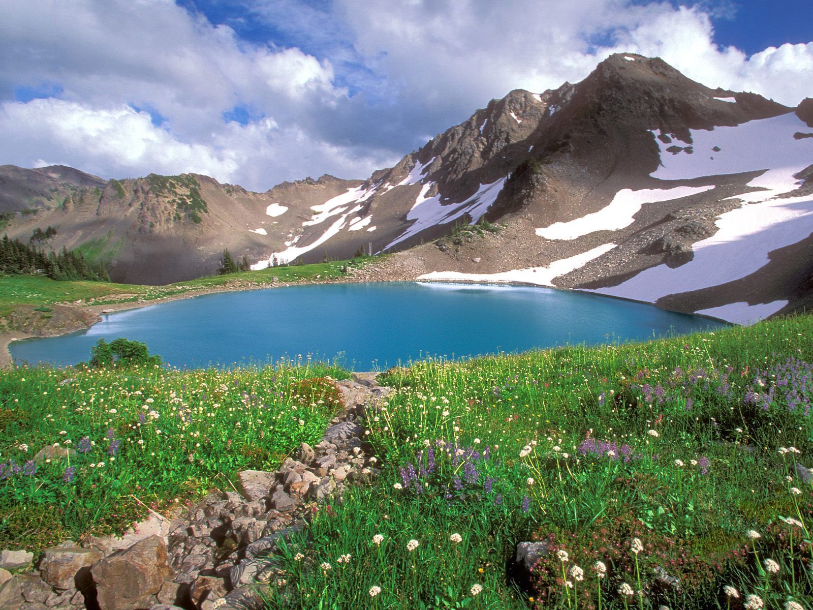 alps, greens, nature, stones, mountains, lake, national park, blue water Full HD