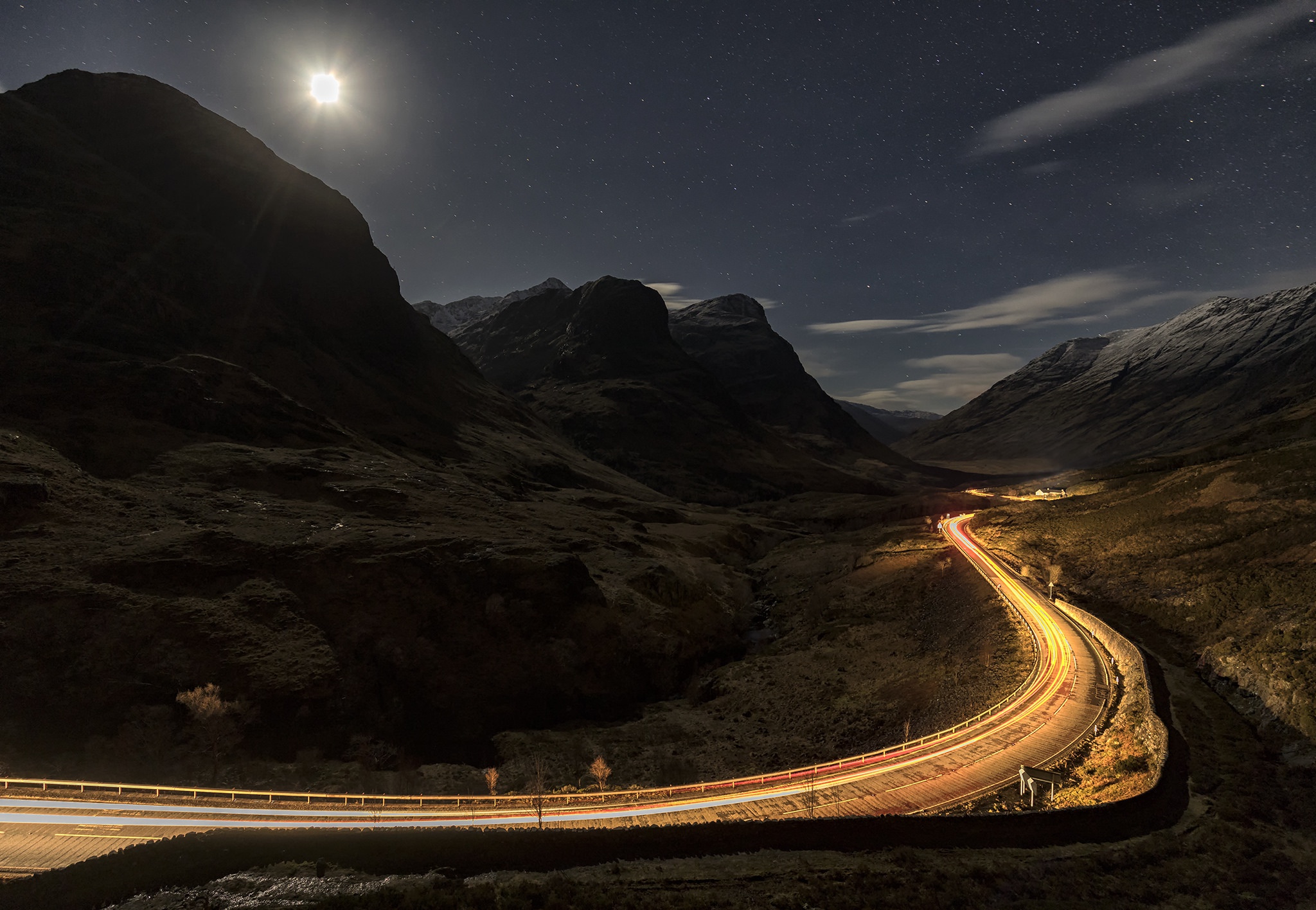 Download mobile wallpaper Landscape, Night, Mountain, Road, Man Made for free.