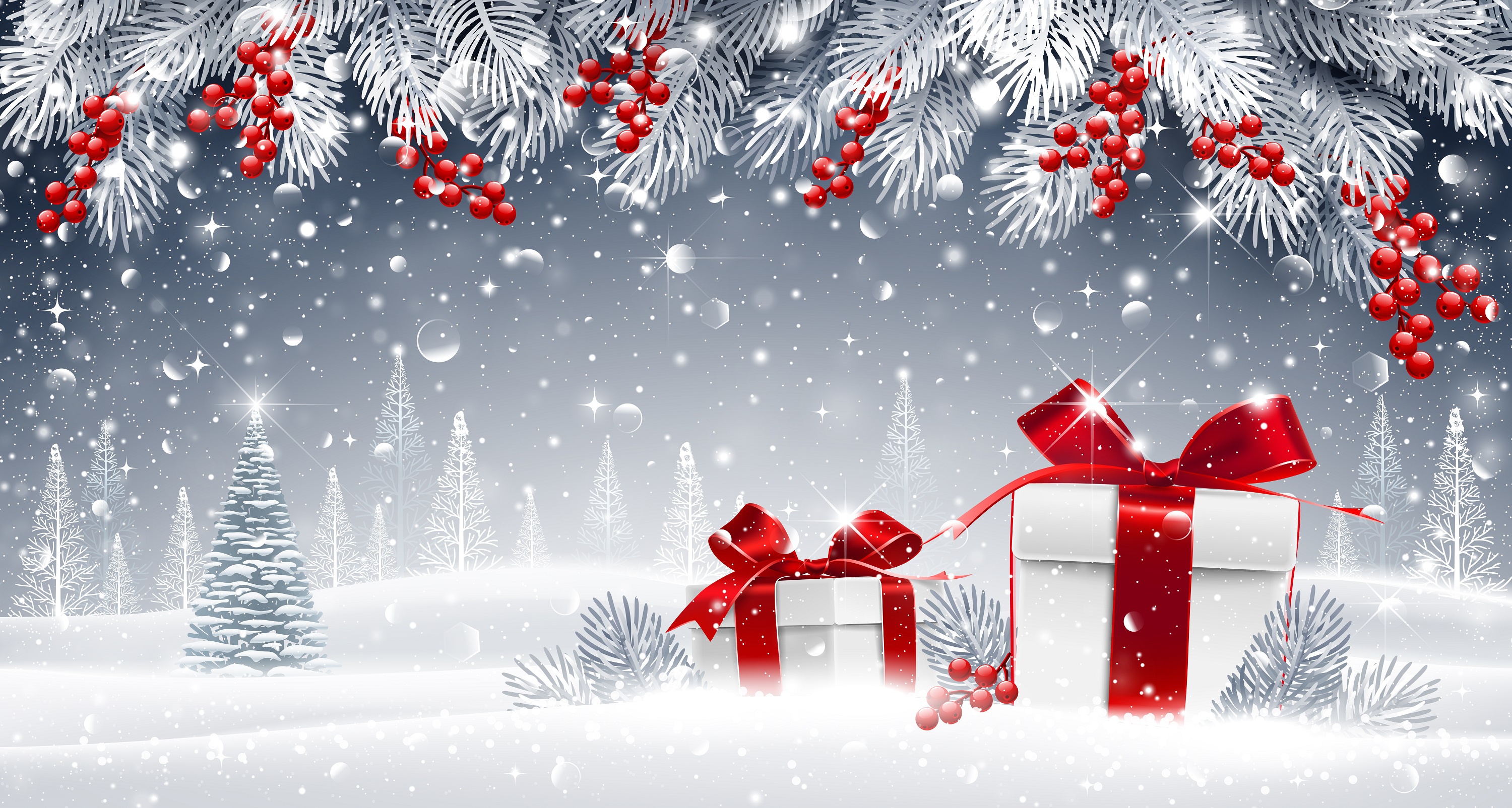 Скачать картинку Зима, Снег, Дерево, Рождество, Подарки, Снегопад, Праздничные в телефон бесплатно.