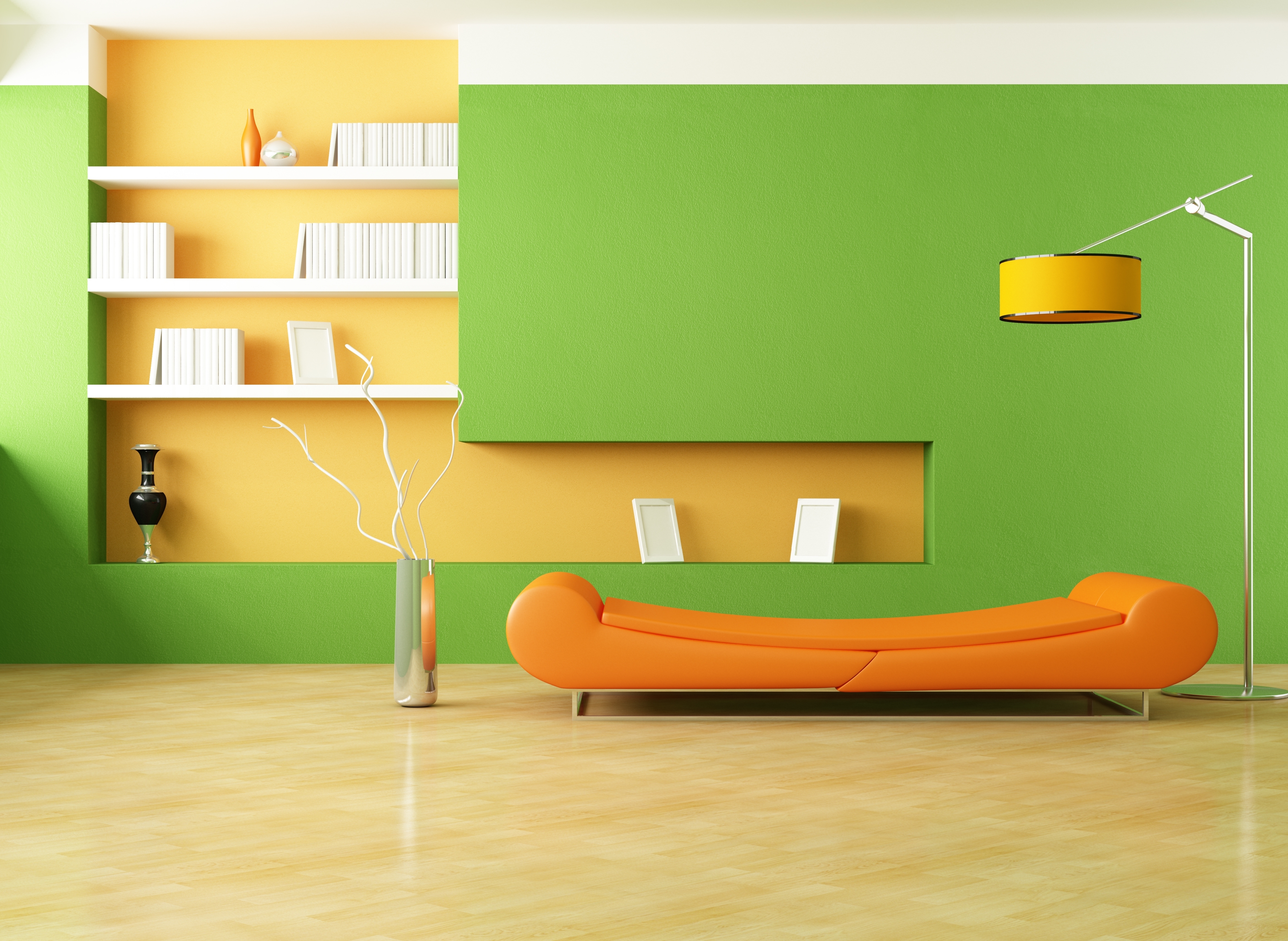 minimalism, design, interior, orange, miscellanea, miscellaneous, lamp, room, style, sofa, vases