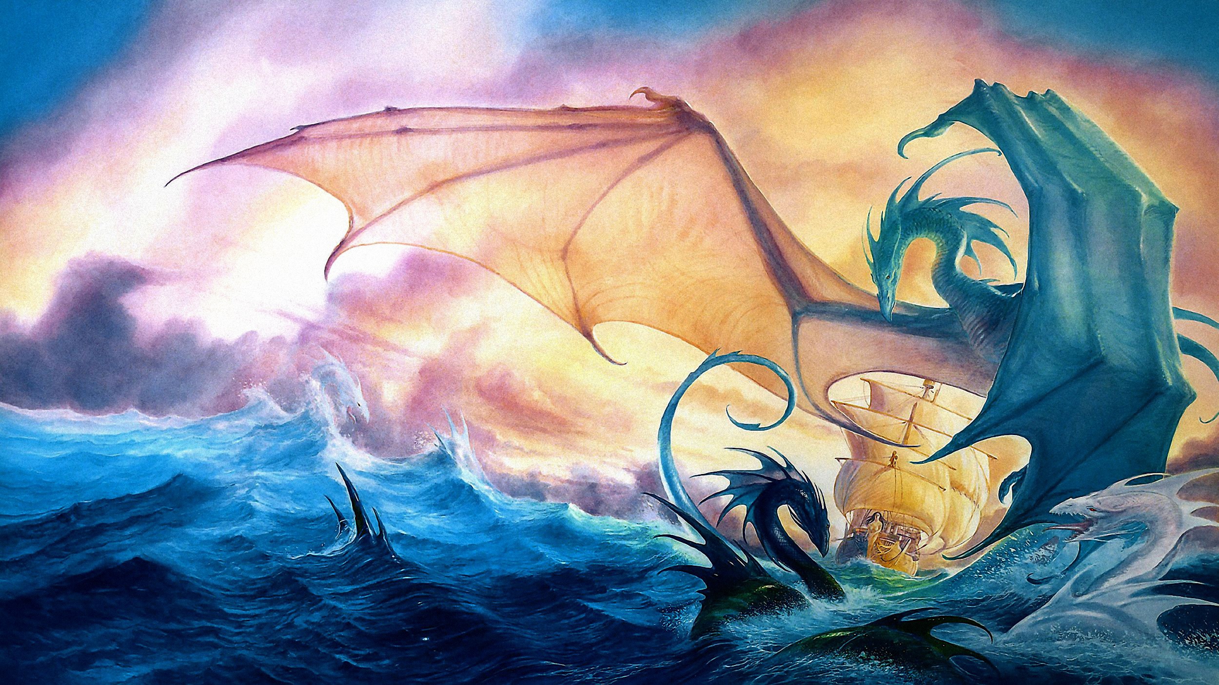 Download mobile wallpaper Water, Fantasy, Ocean, Dragon, Painting, Ship for free.