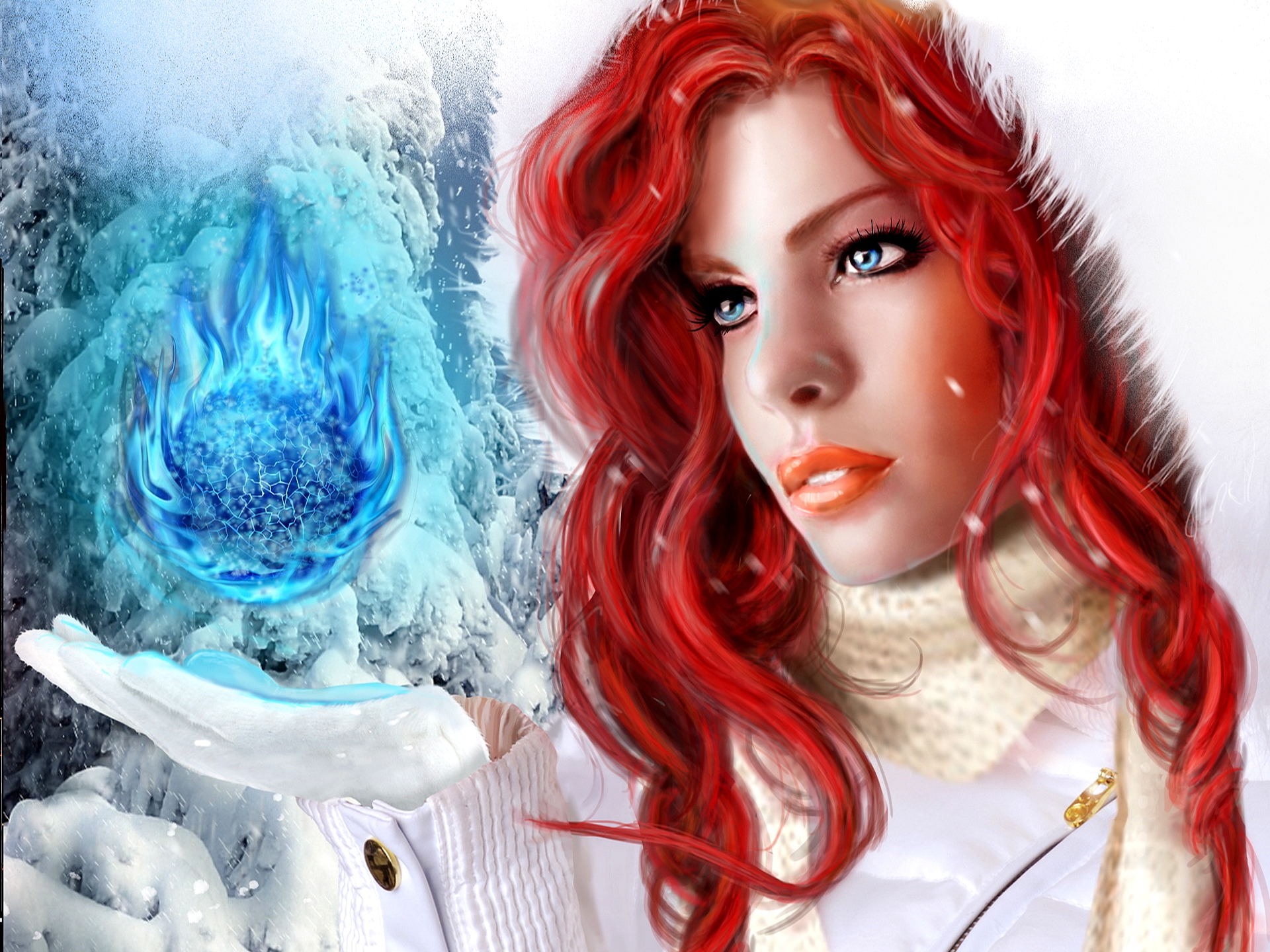 PCデスクトップに冬, ファンタジー, 雪, 赤毛, 顔, 魔法, 青い目, 女性画像を無料でダウンロード