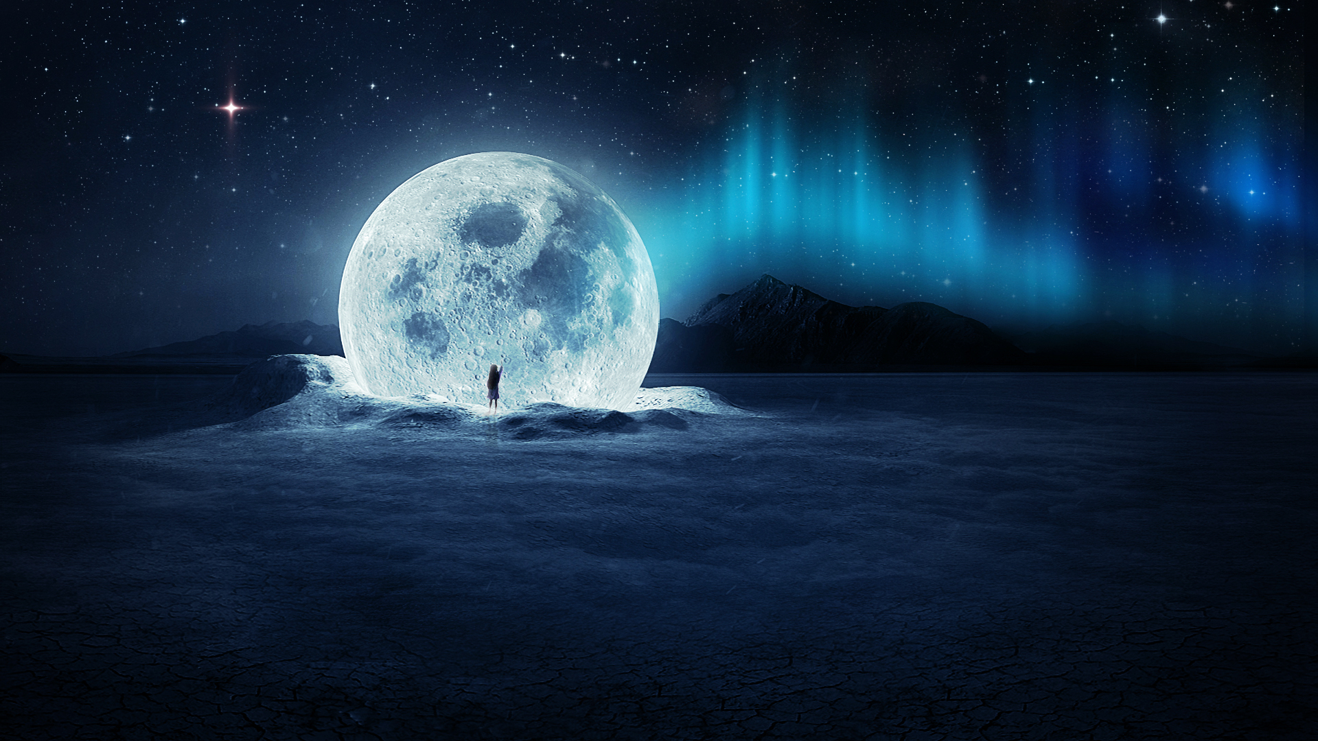 Download mobile wallpaper Landscape, Night, Moon, Aurora Borealis, Artistic, Surreal for free.