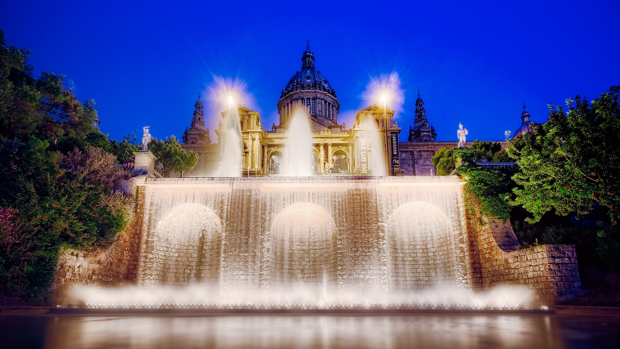 Free download wallpaper Water, Night, Fountain, Building, Man Made on your PC desktop