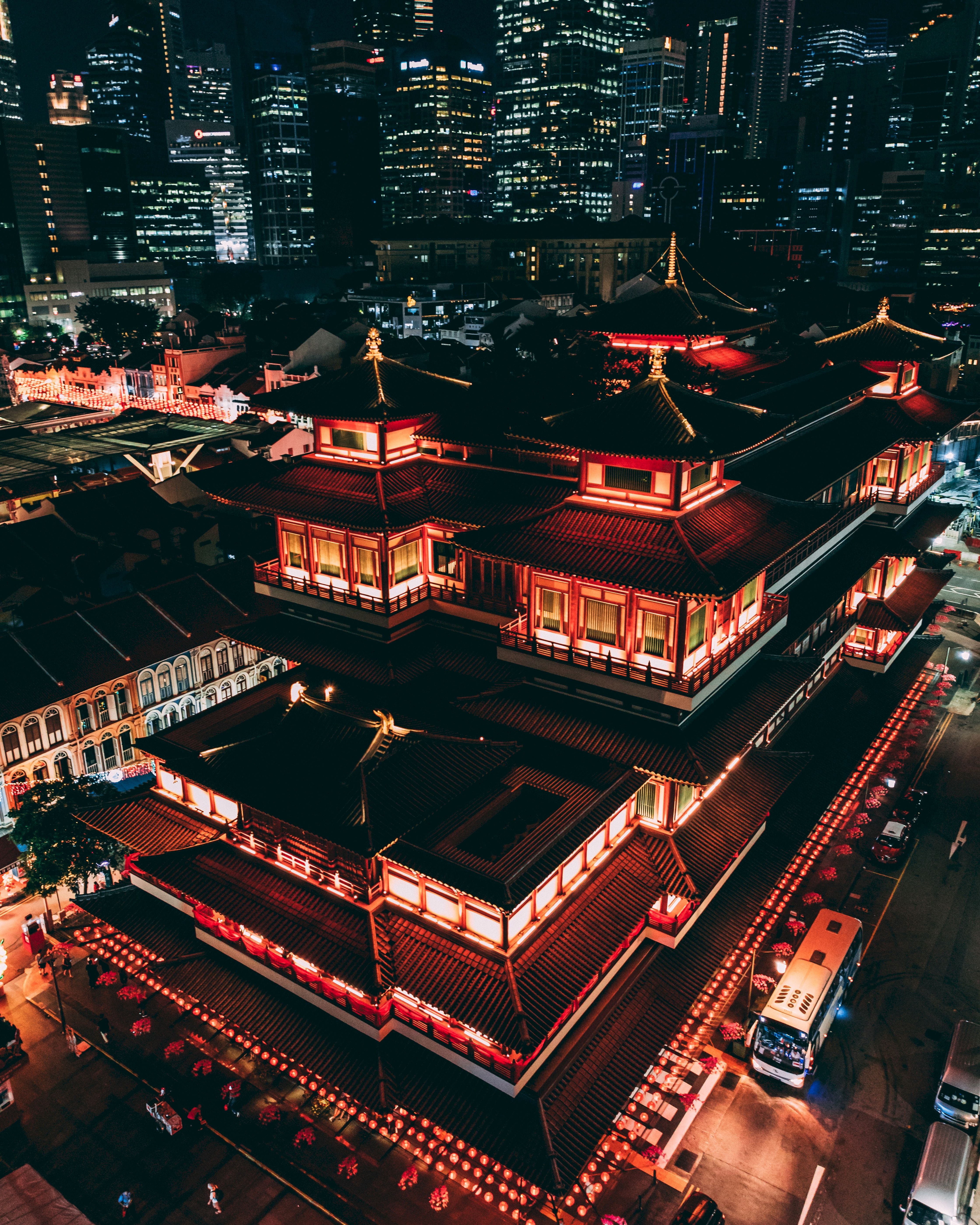 android pagoda, cities, architecture, view from above, night city, roof, china, roofs