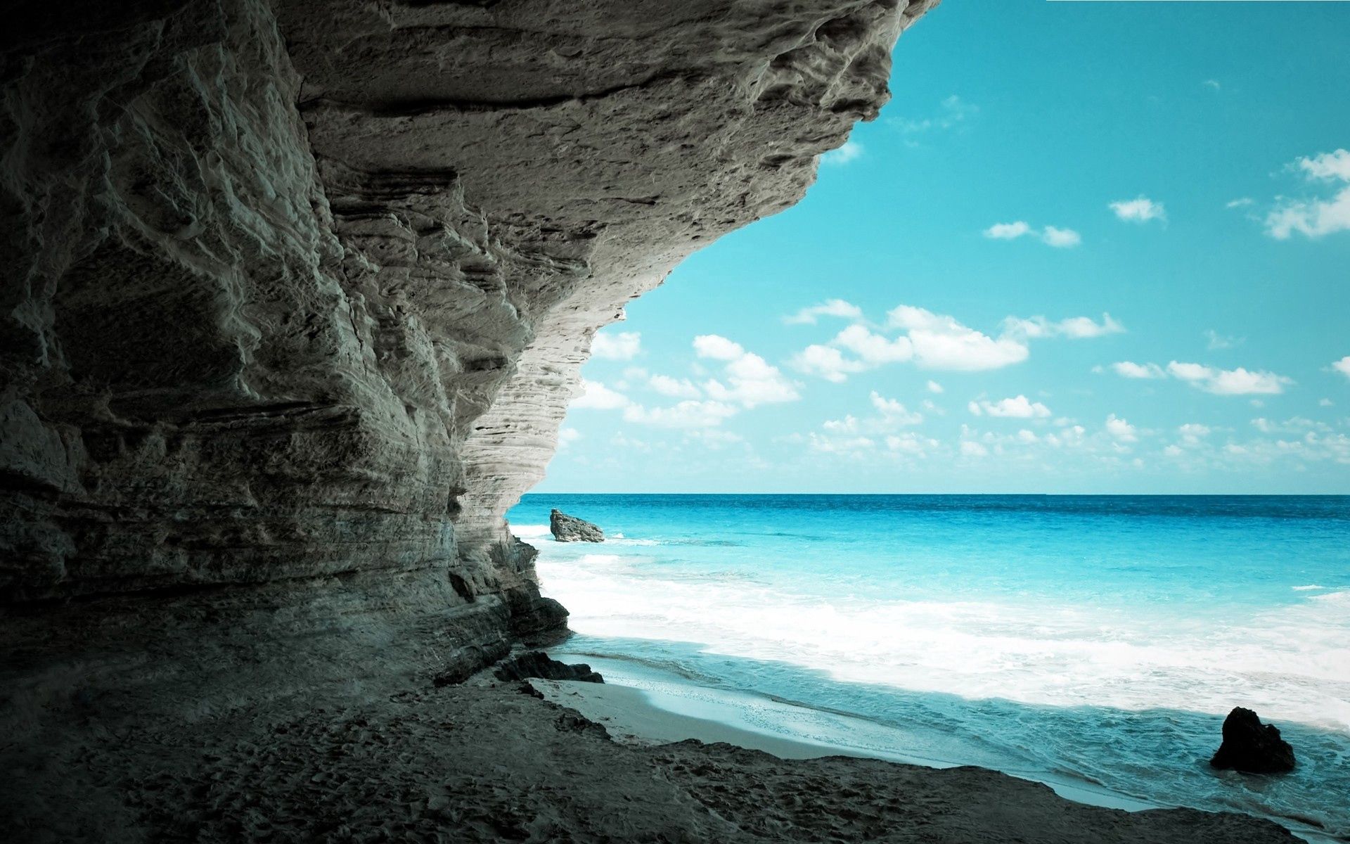 116915 скачать обои пещера, рай, природа, море, берег, скала - заставки и картинки бесплатно