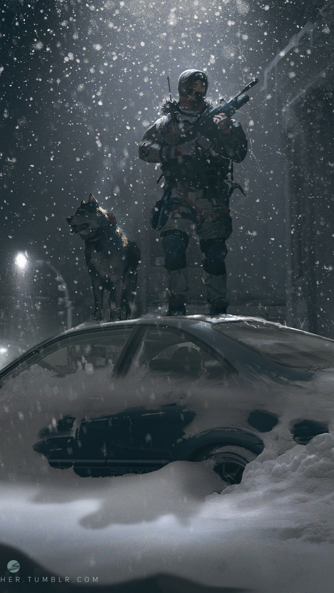 Download mobile wallpaper Winter, Night, Dog, Artistic, Military, Snowfall, Soldier for free.
