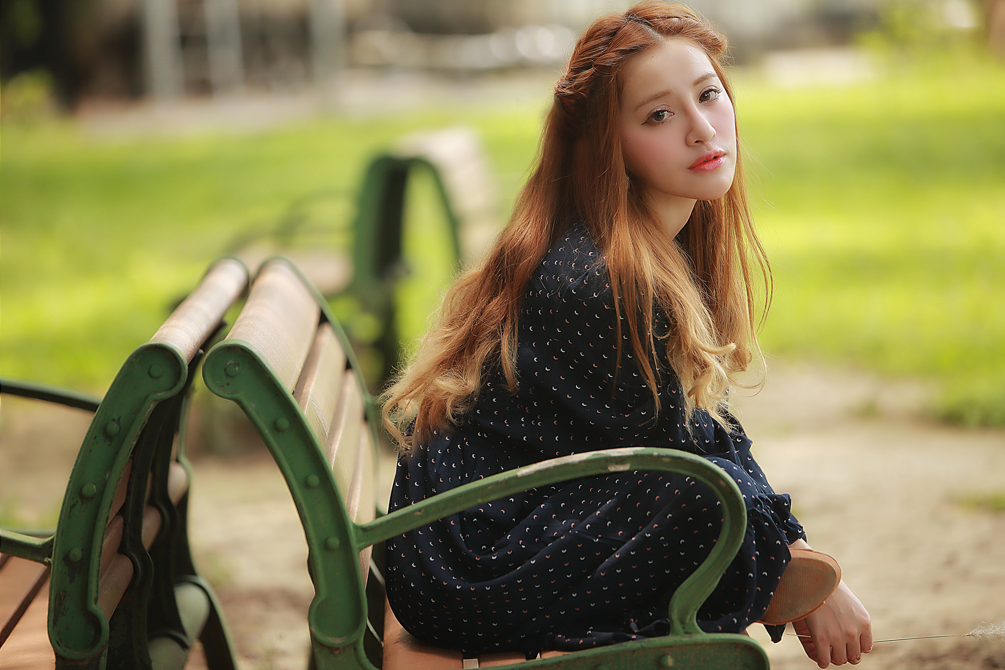 Download mobile wallpaper Blur, Redhead, Bench, Model, Women, Brown Eyes, Outdoor for free.