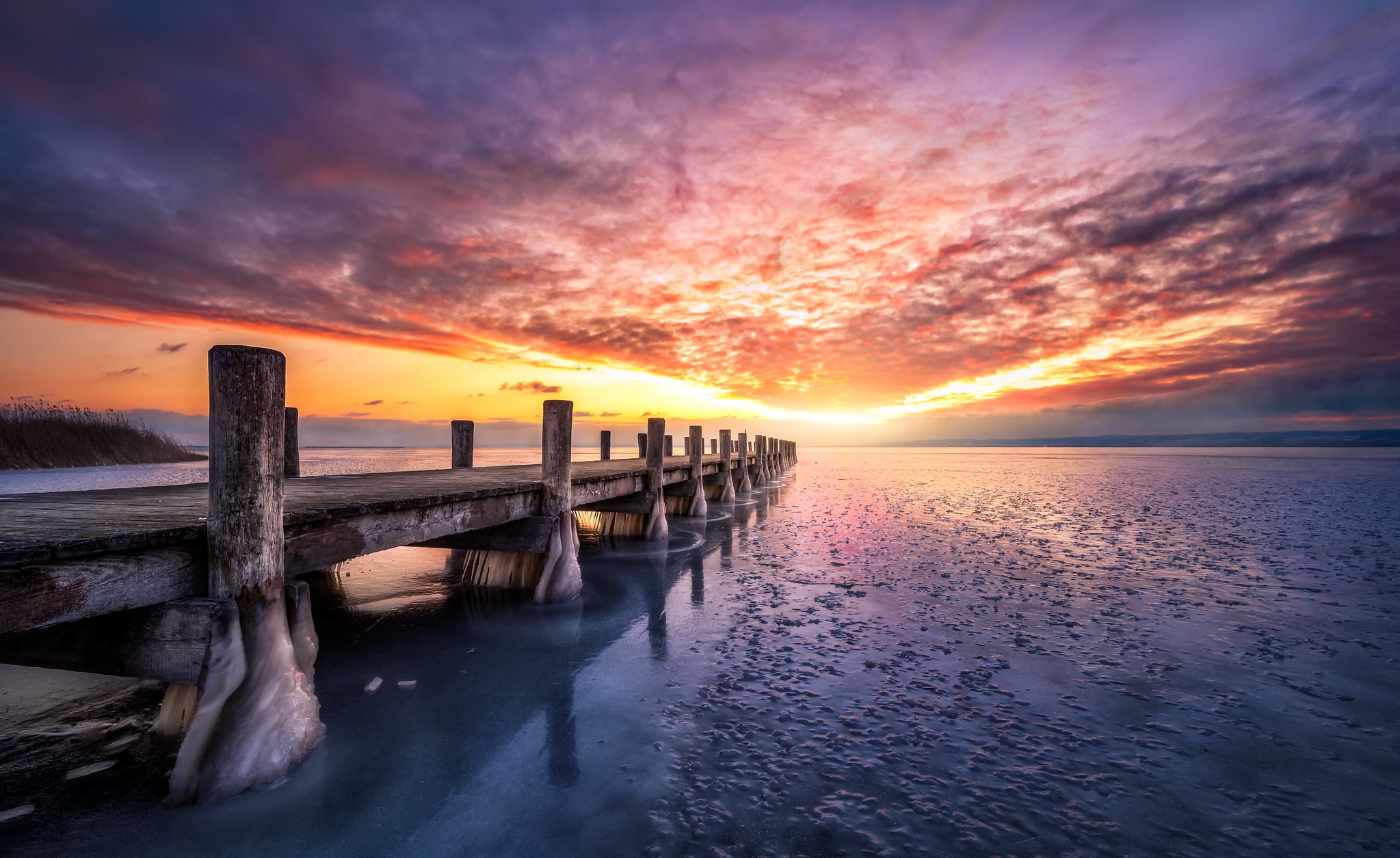 Download mobile wallpaper Sunset, Lake, Pier, Man Made for free.